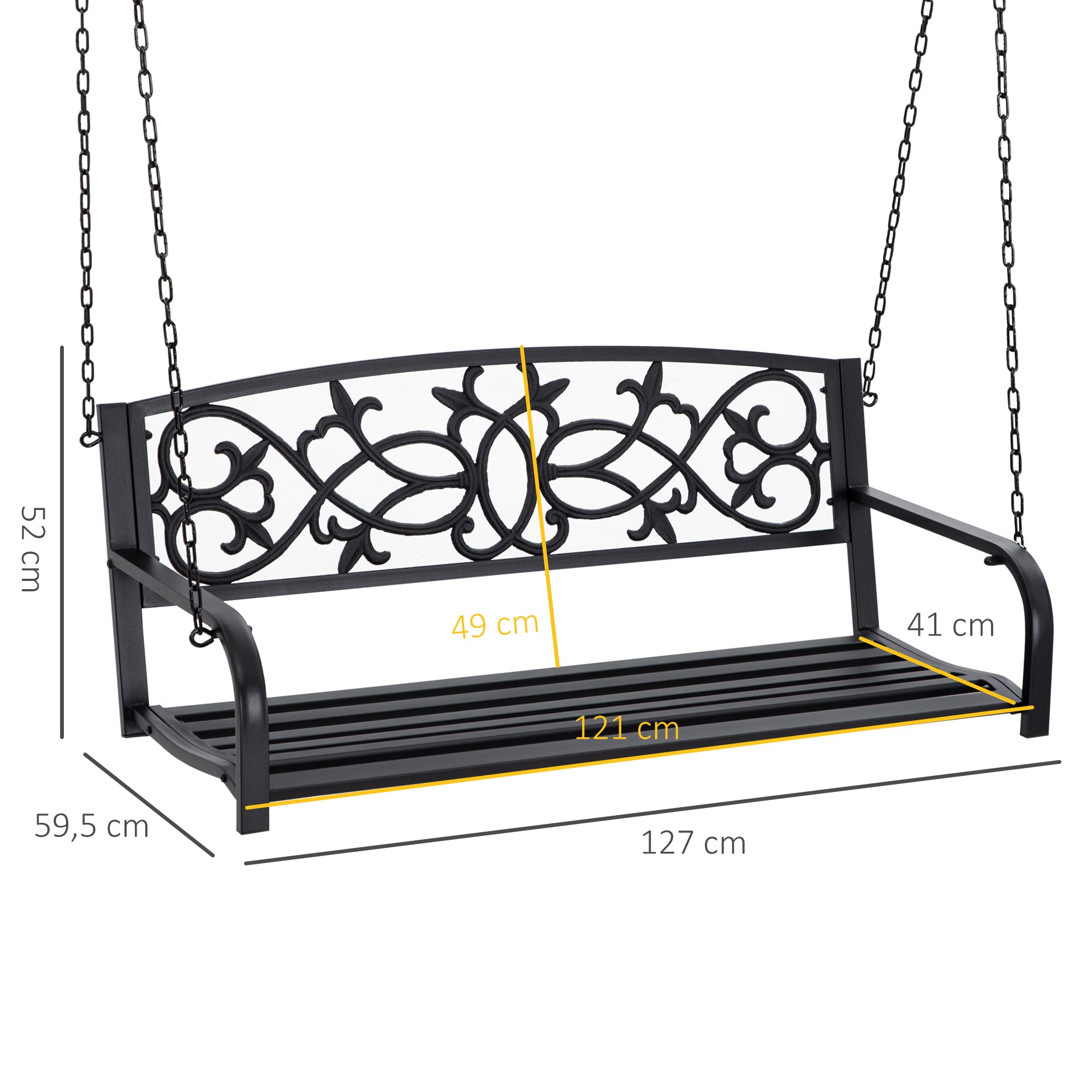 Banco Baloiço de 2 Lugares Preto 127x59,5x52cm - Aço Resistente para Jardim
