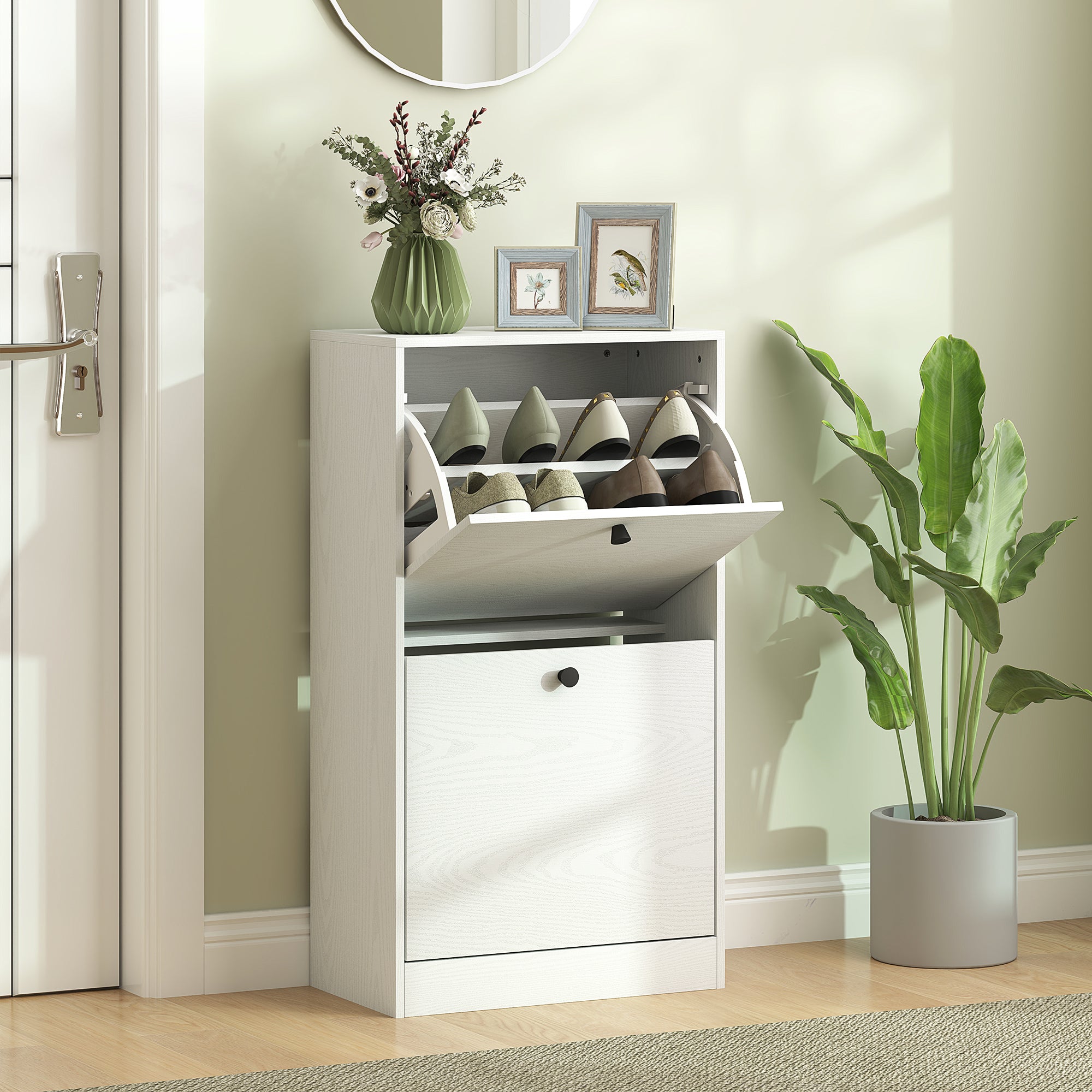 Sapateira Estreita Branca com Efeito Madeira 47x26x85 cm - Organização e Elegância para o seu Corredor
