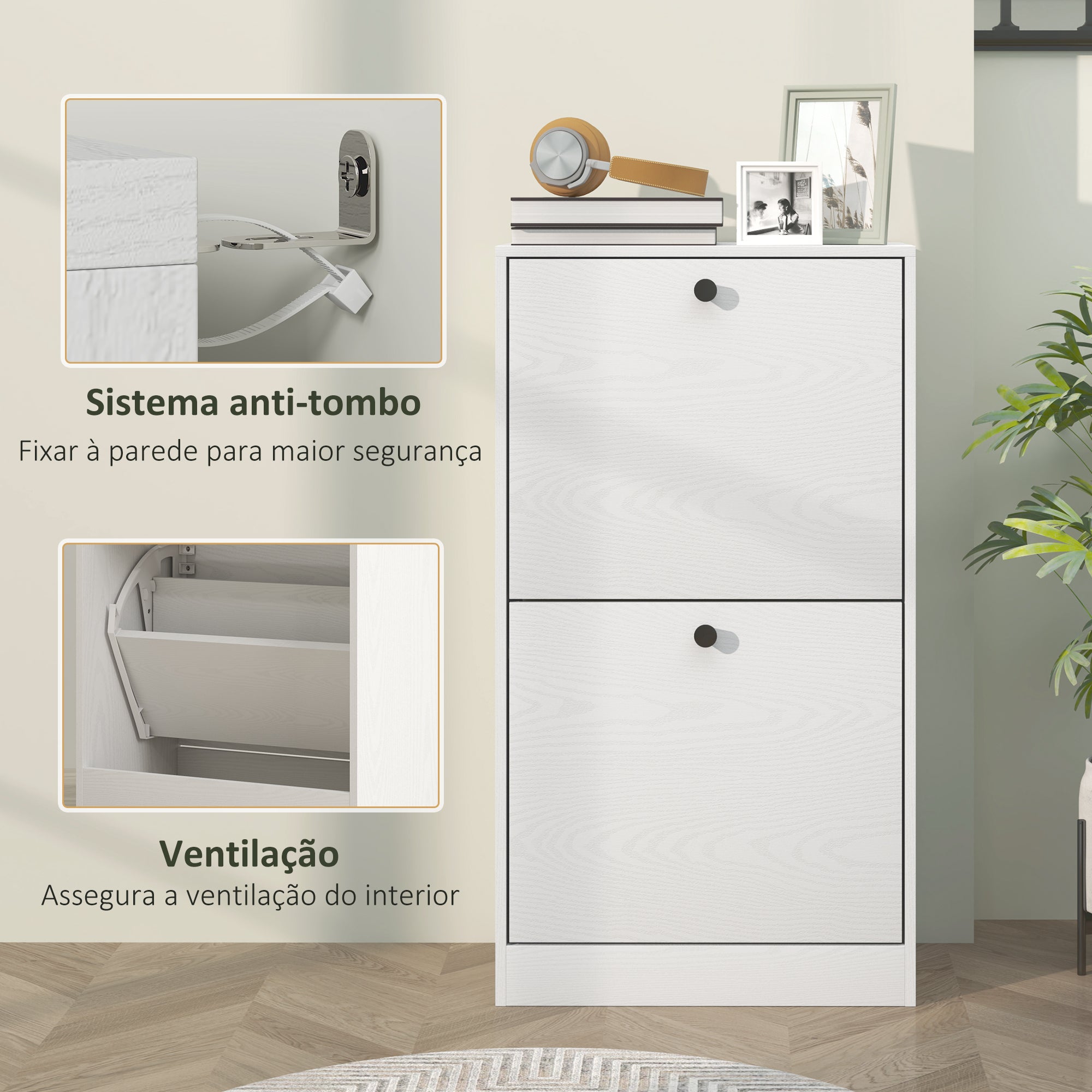 Sapateira Estreita Branca com Efeito Madeira 47x26x85 cm - Organização e Elegância para o seu Corredor