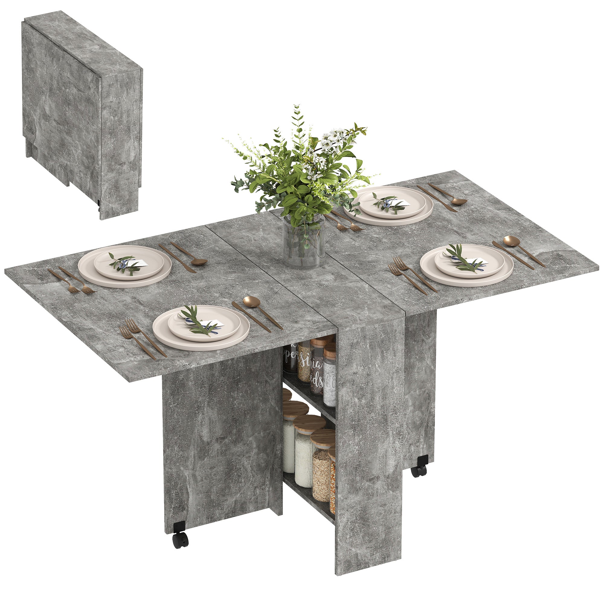 Mesa de Jantar Dobrável em Madeira com 2 Prateleiras de Armazenamento - Cinzento 75x140x74 cm