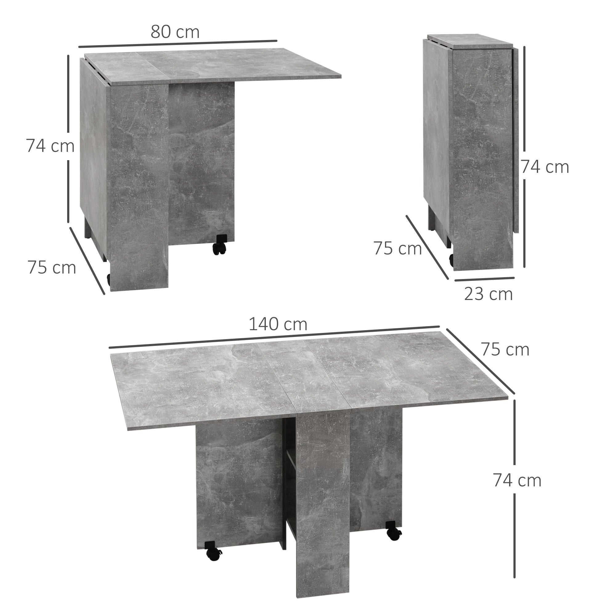 Mesa de Jantar Dobrável em Madeira com 2 Prateleiras de Armazenamento - Cinzento 75x140x74 cm