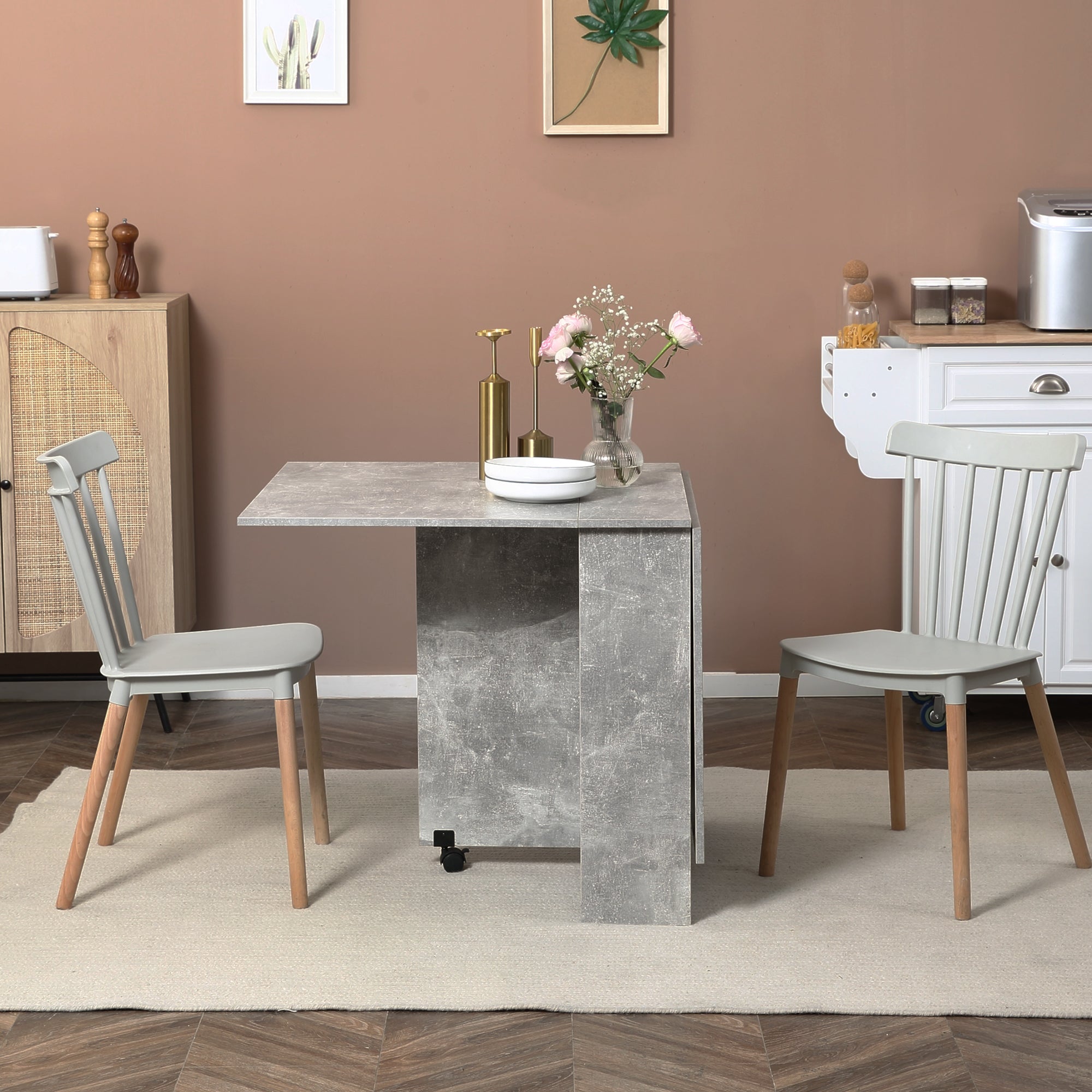 Mesa de Jantar Dobrável em Madeira com 2 Prateleiras de Armazenamento - Cinzento 75x140x74 cm