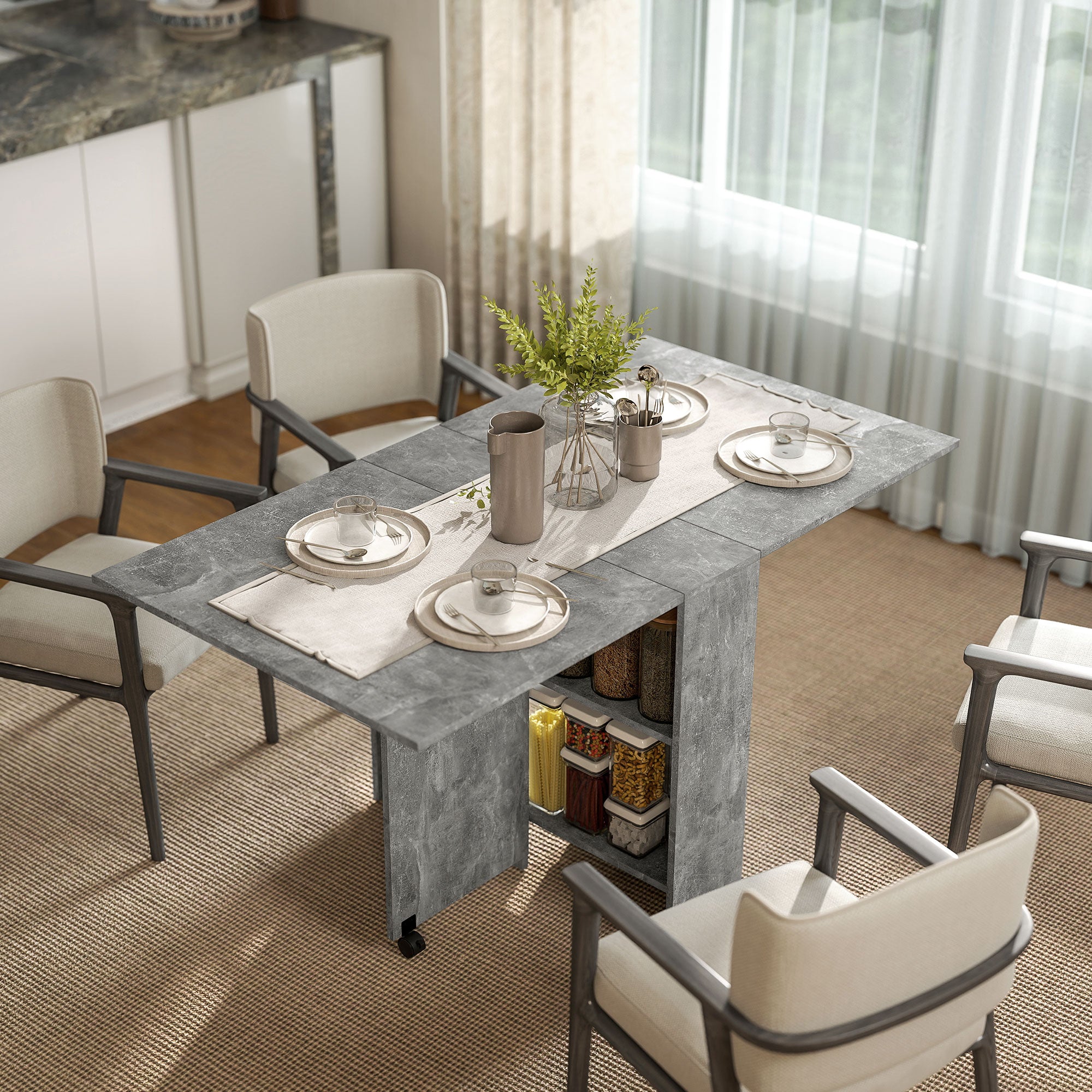 Mesa de Jantar Dobrável em Madeira com 2 Prateleiras de Armazenamento - Cinzento 75x140x74 cm