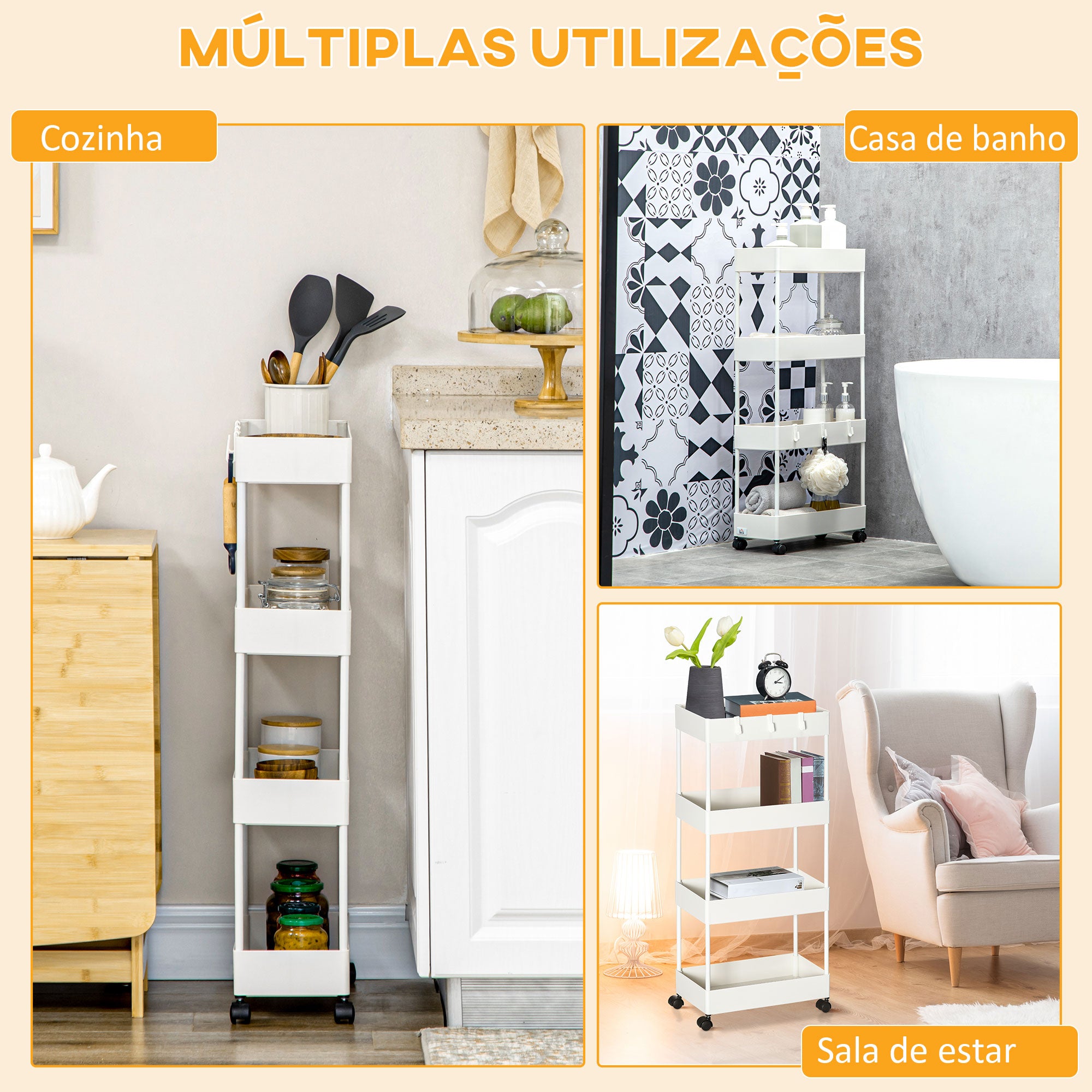 Carrinho Auxiliar de Armazenamento 4 Cestas 4 Ganchos 40x19x90 cm Branco