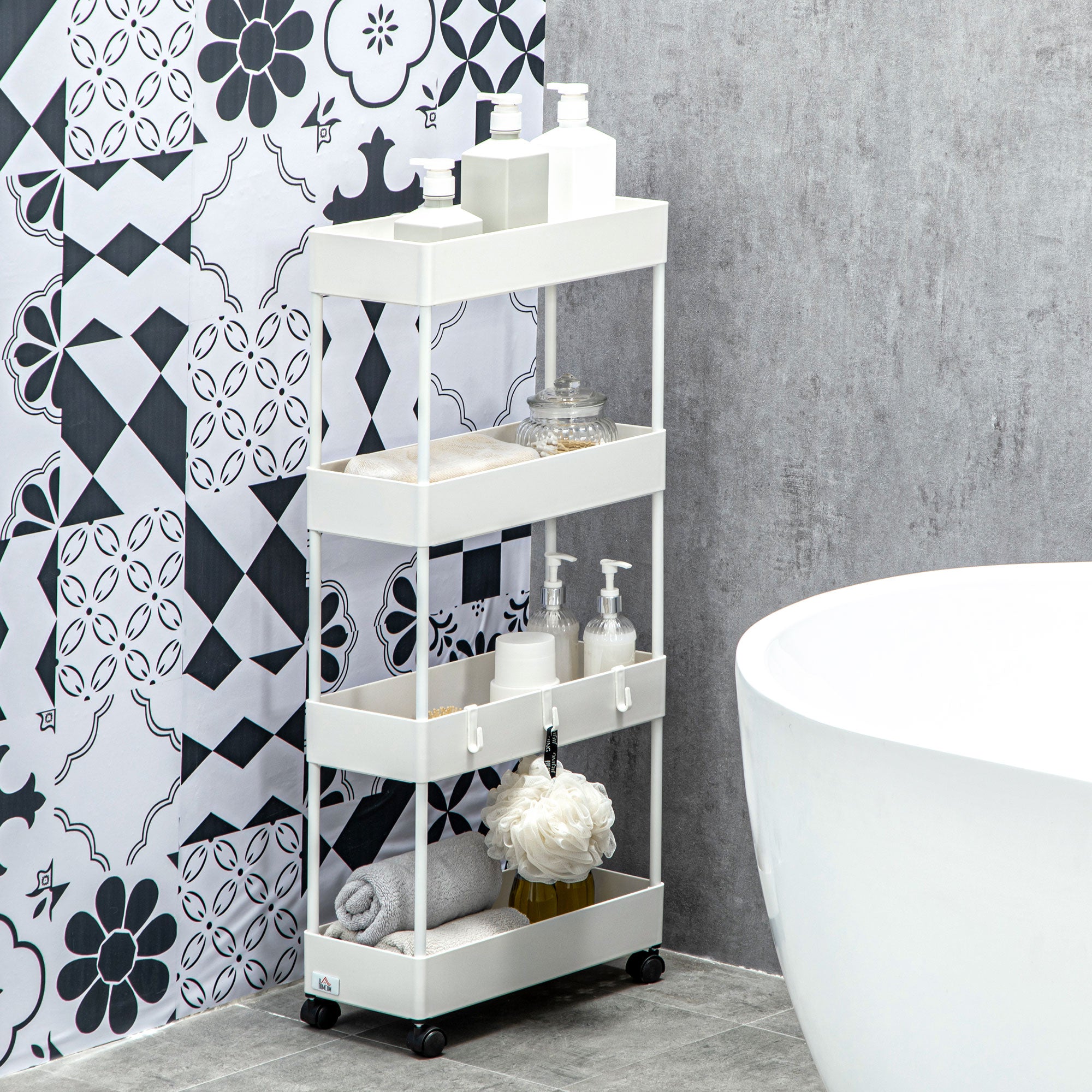 Carrinho Auxiliar de Armazenamento 4 Cestas 4 Ganchos 40x19x90 cm Branco