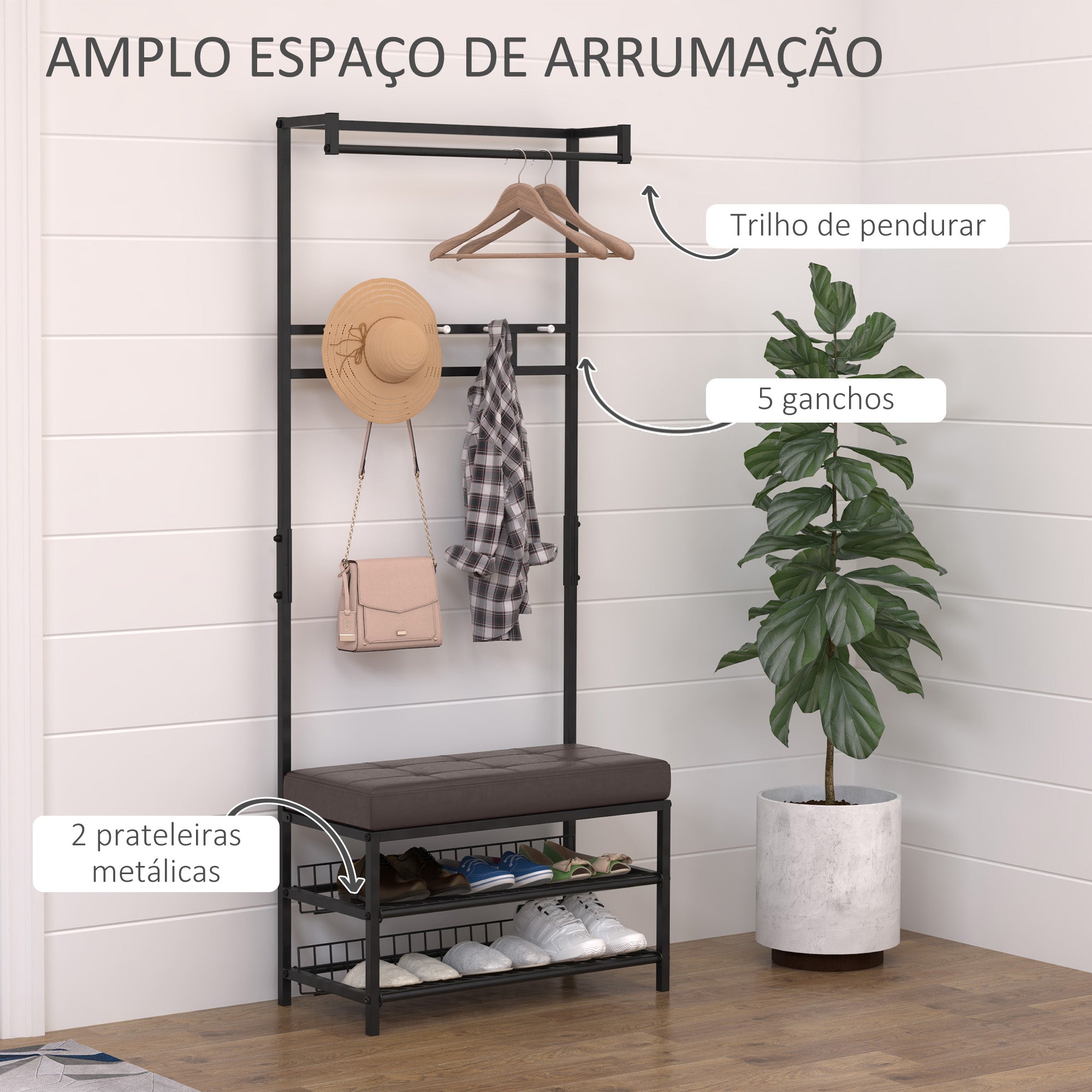 Móvel Cabide de Entrada com Assento Acolchoado 72,5x35x180cm - Preto