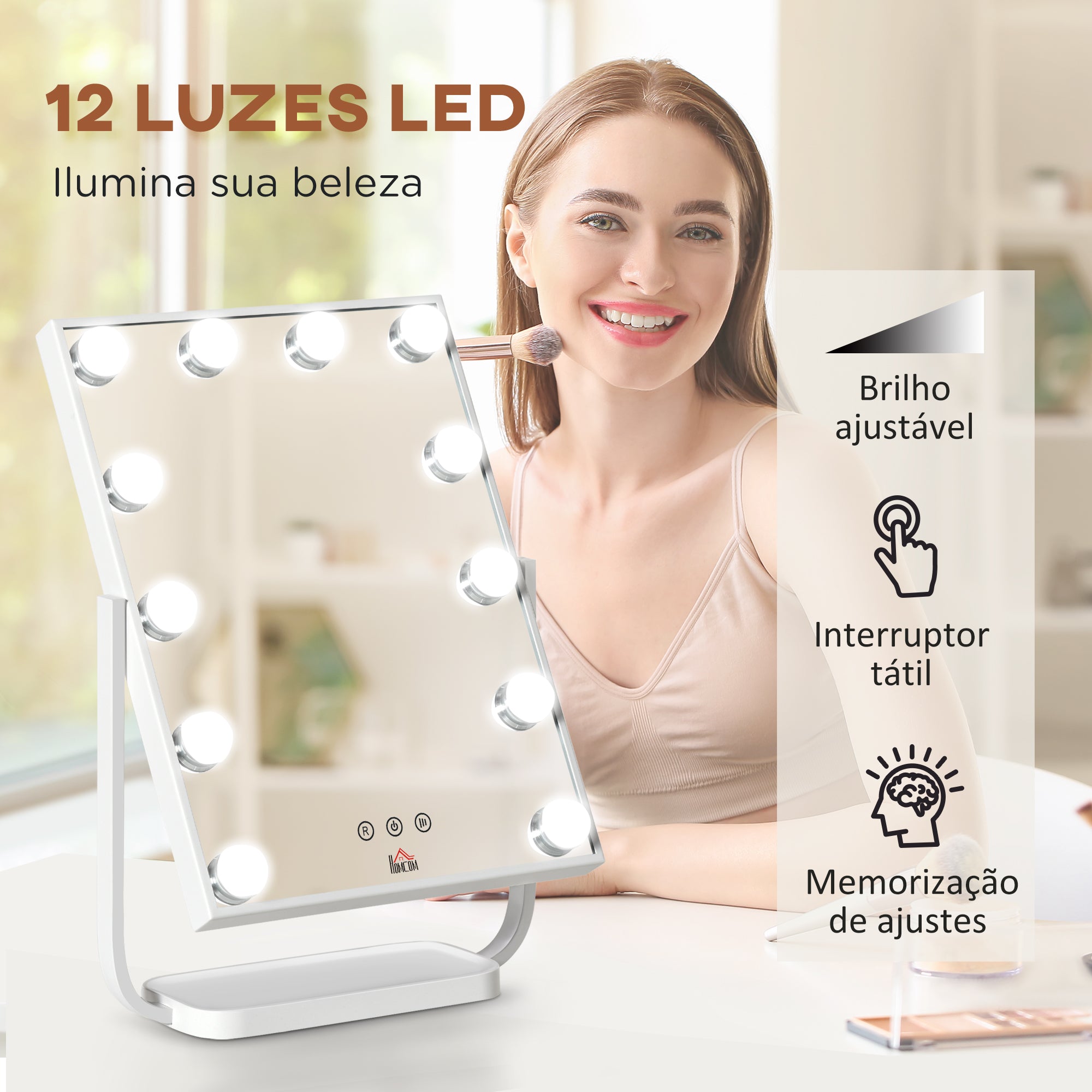 Espelho de Mesa com Luzes LED – 32,8x11x47,4cm – Branco – Metal e ABS