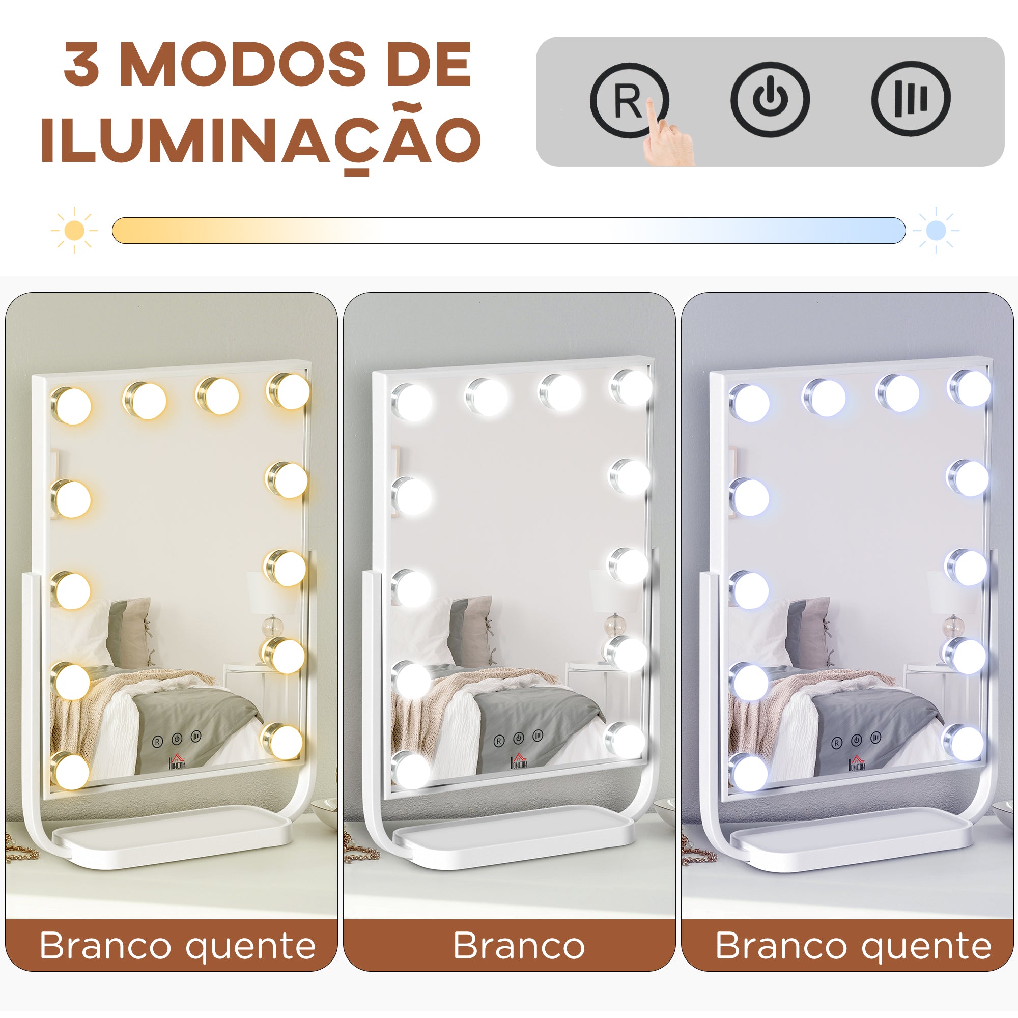 Espelho de Mesa com Luzes LED – 32,8x11x47,4cm – Branco – Metal e ABS