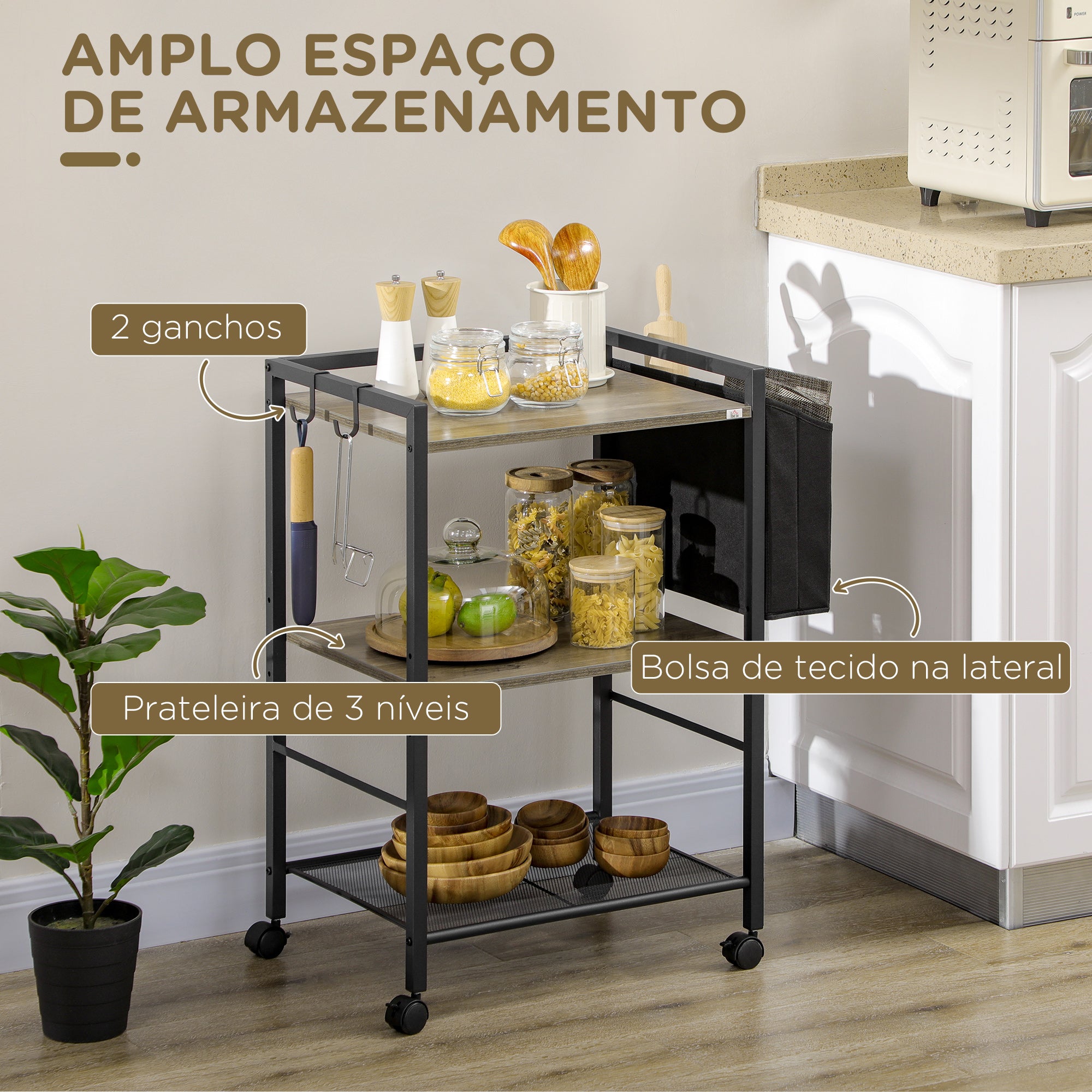 Carrinho Auxiliar – 66x40x80,5cm – Preto e Cinza – Melamina de madeira e aço