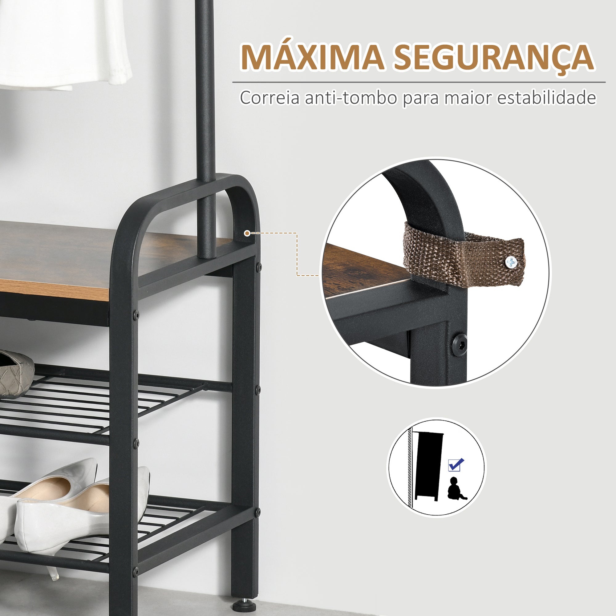 Cabide de Entrada com Sapateira 72x34x185cm Marrom e Preto