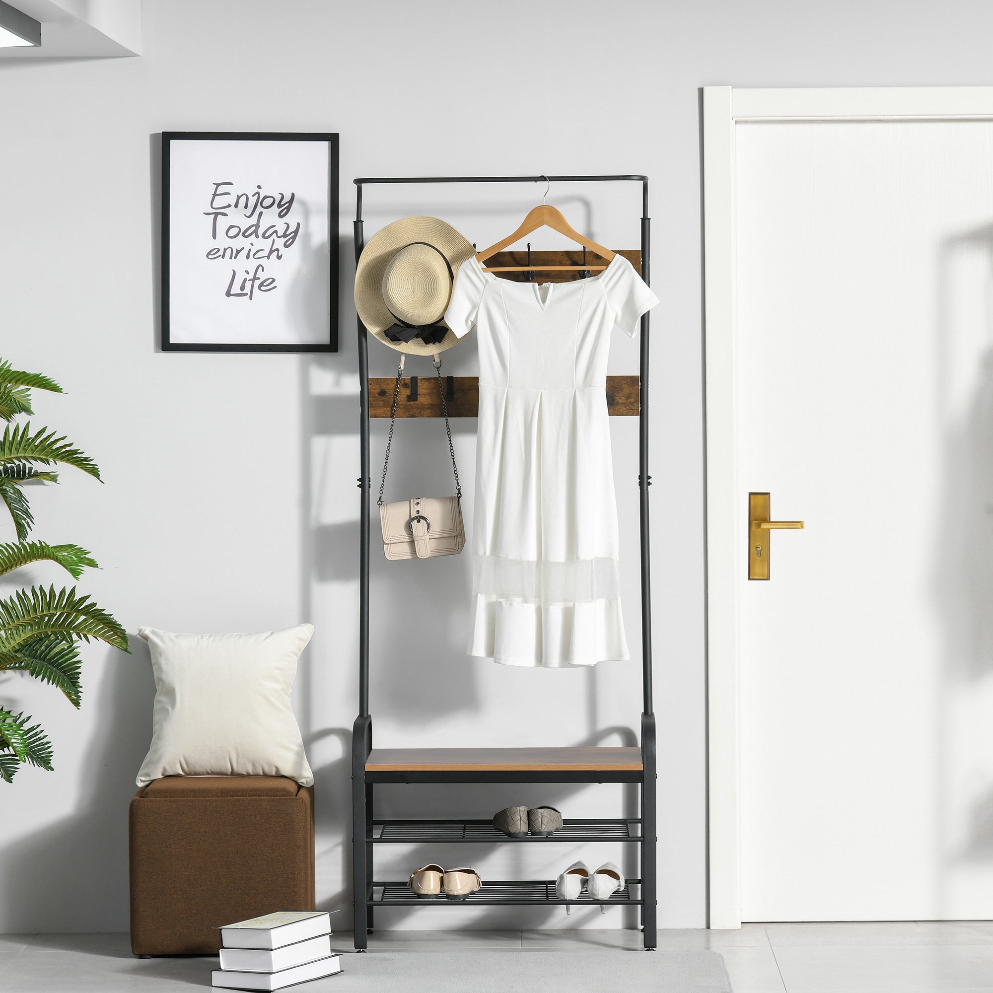 Cabide de Entrada com Sapateira 72x34x185cm Marrom e Preto