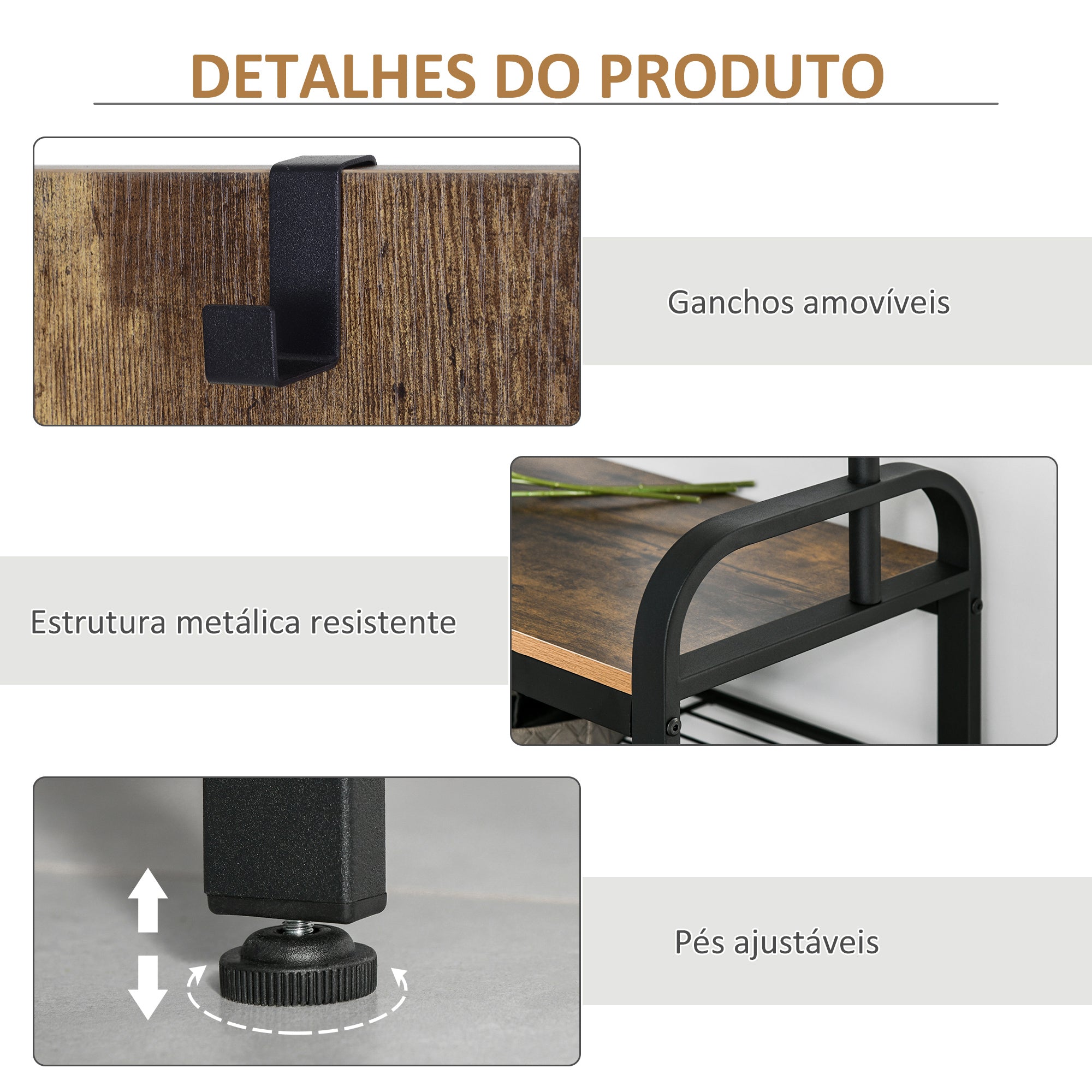 Cabide de Entrada com Sapateira 72x34x185cm Marrom e Preto