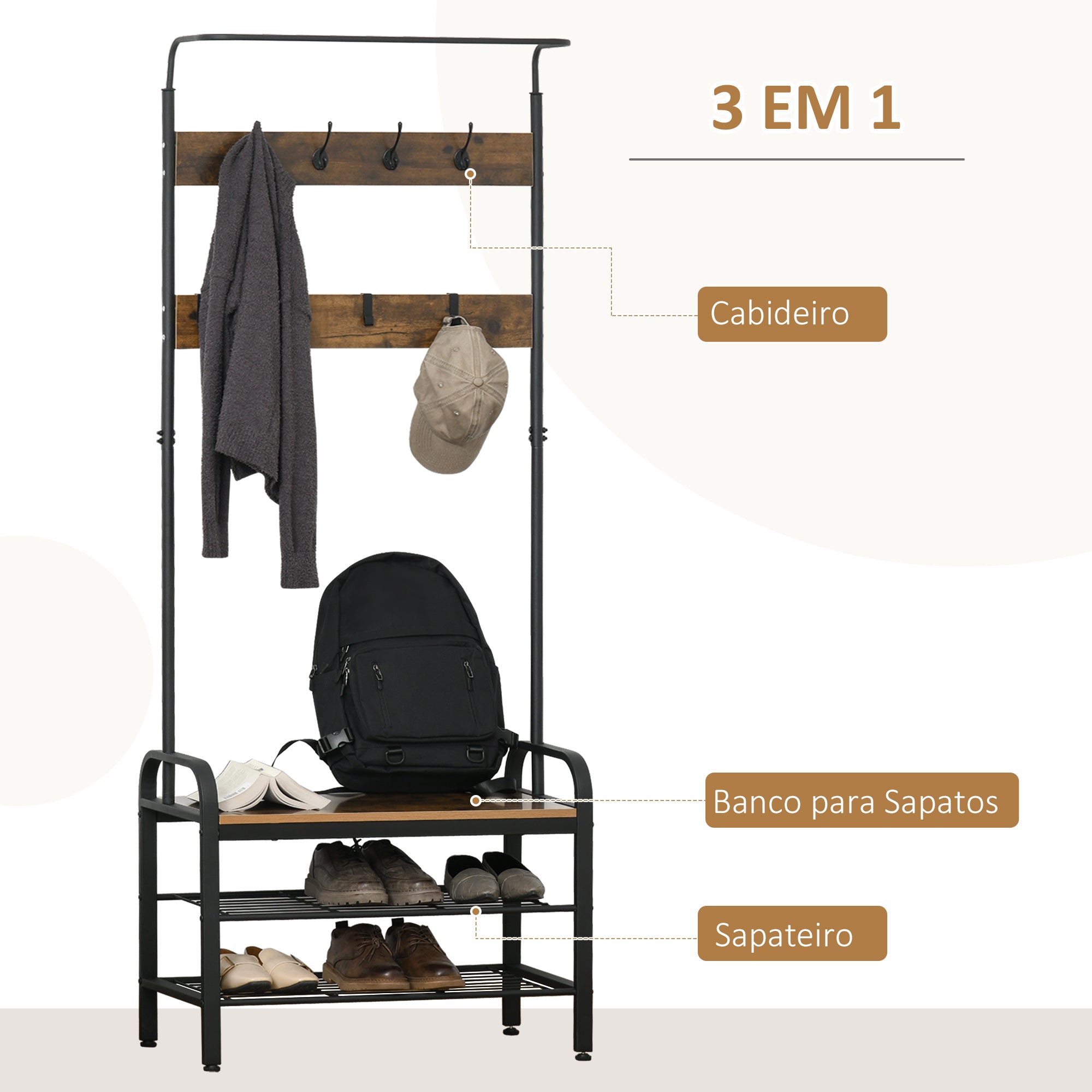Cabide de Entrada com Sapateira 72x34x185cm Marrom e Preto