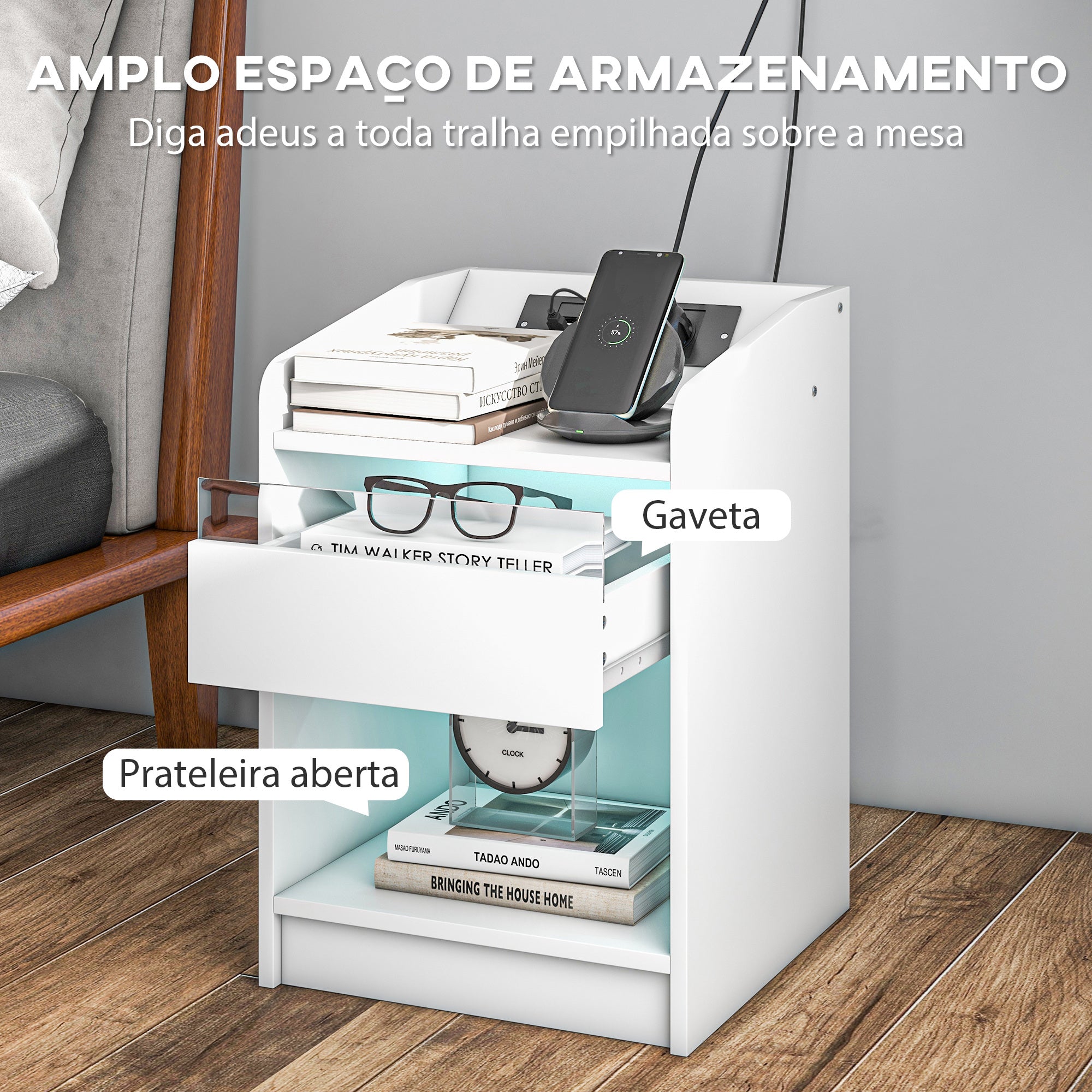 Mesa de Cabeceira com Luzes LED 40x40x58 cm - Branco