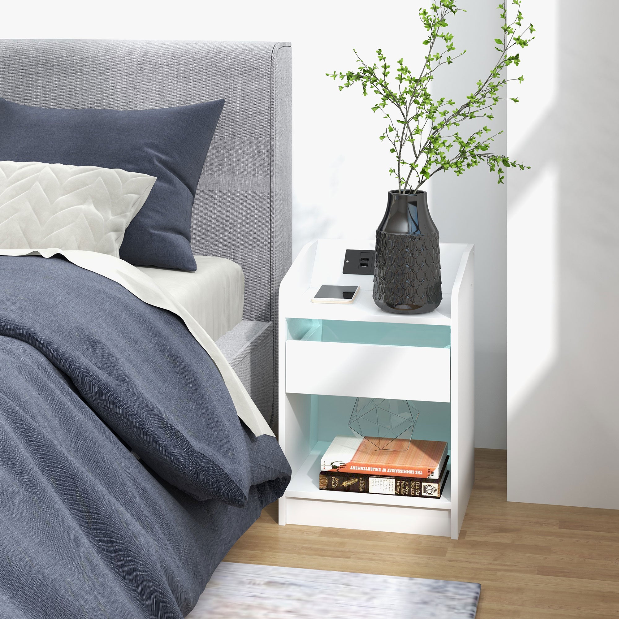 Mesa de Cabeceira com Luzes LED 40x40x58 cm - Branco
