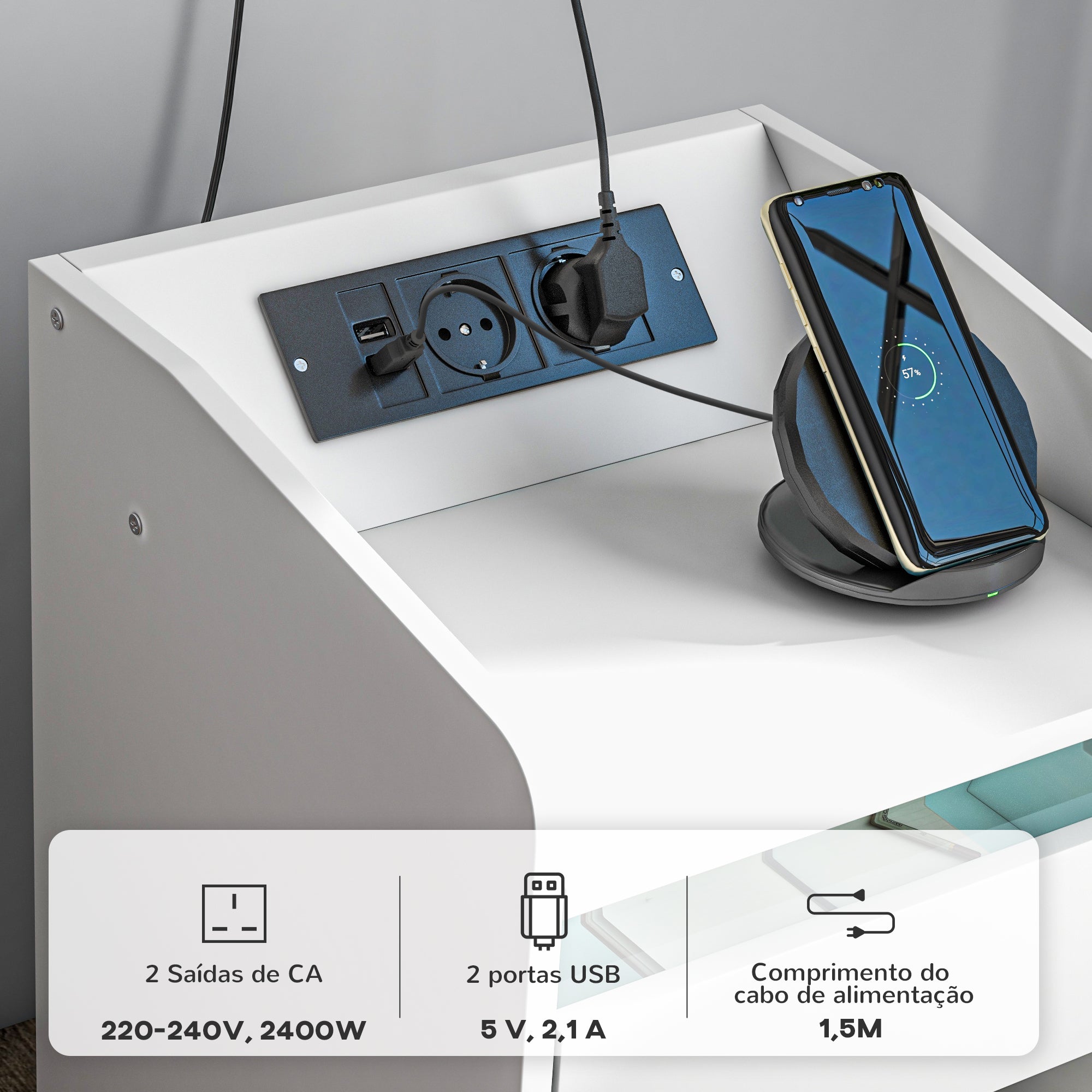 Mesa de Cabeceira com Luzes LED 40x40x58 cm - Branco