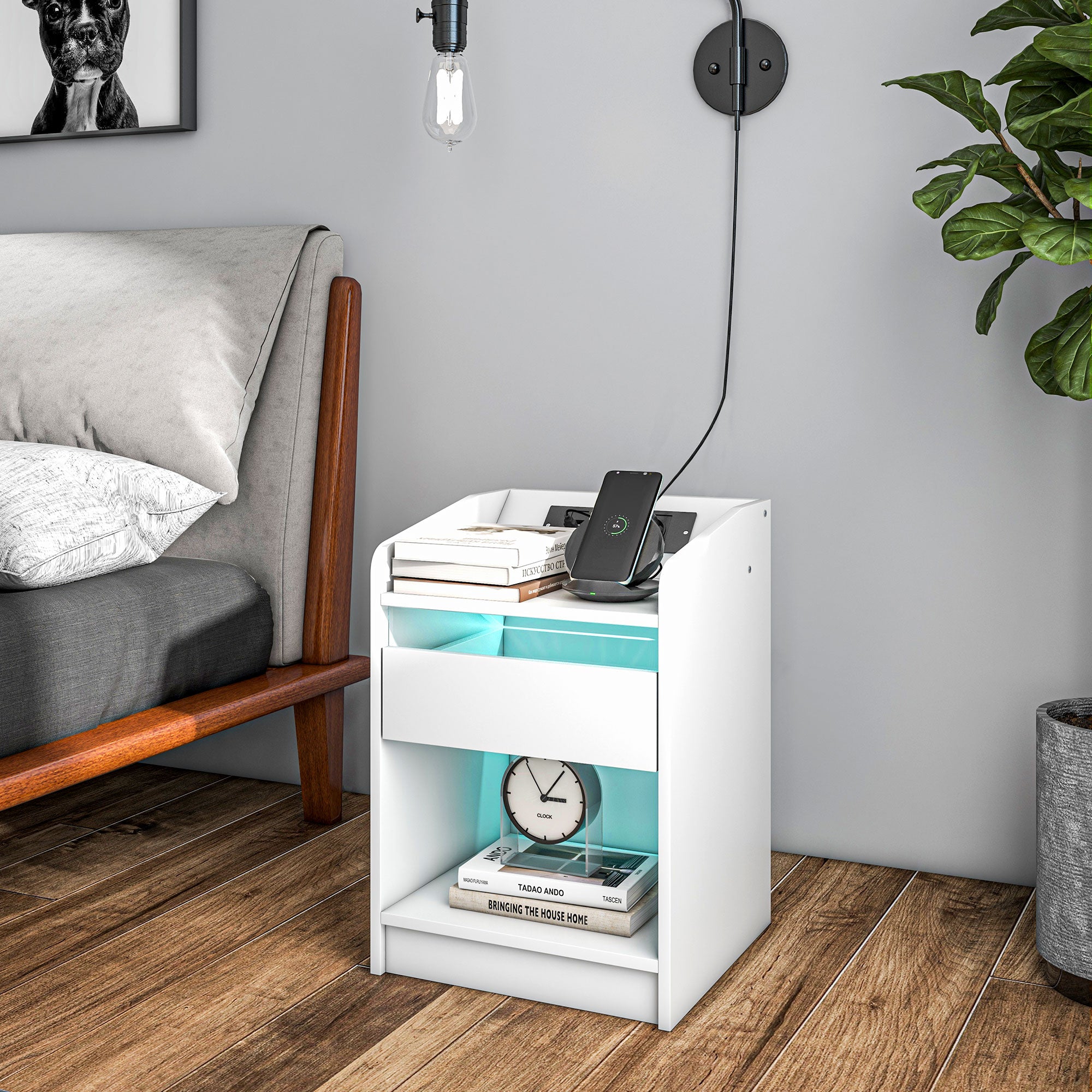 Mesa de Cabeceira com Luzes LED 40x40x58 cm - Branco