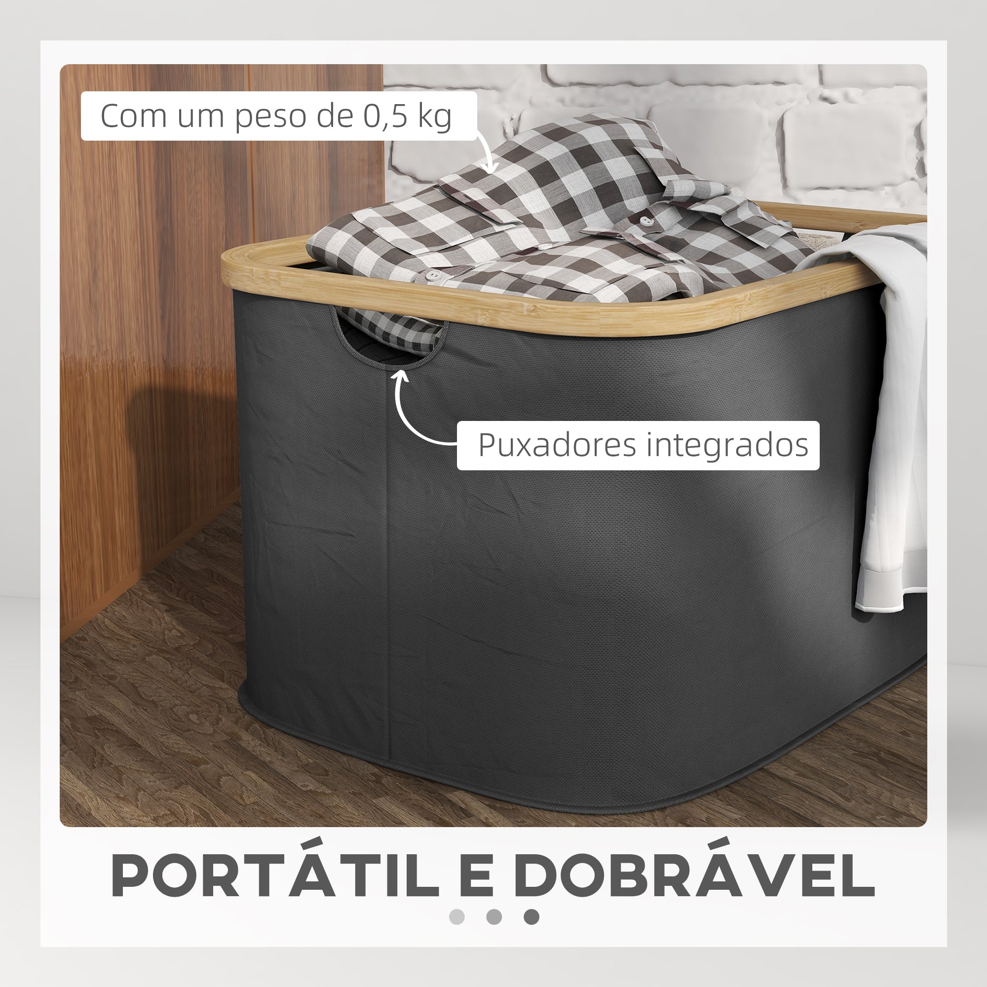 Cesto para Roupa Dobrável – 44,3x33,3x26,5 cm – Preto – Poliéster