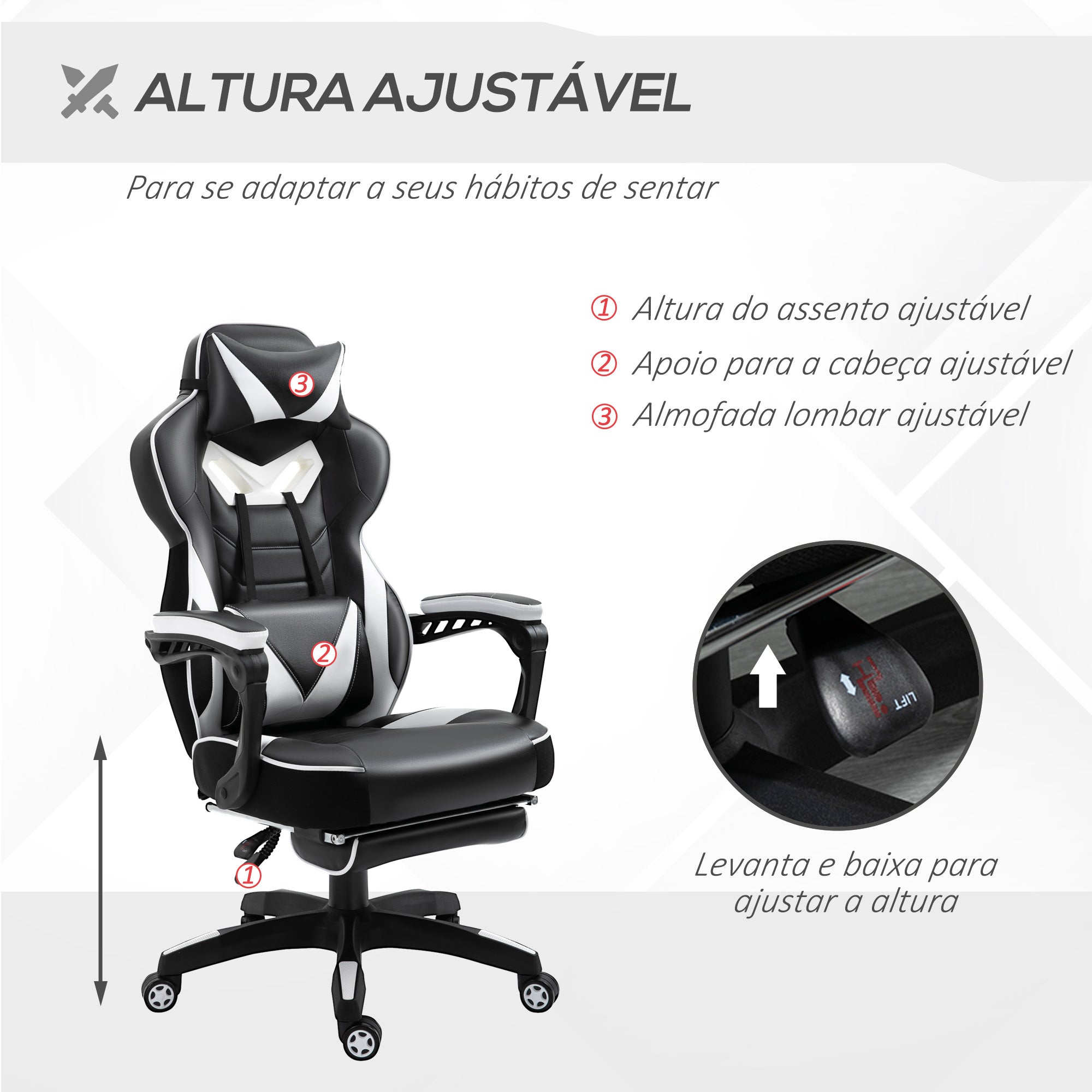 Cadeira Ergonômica Gaming Branca e Preta 65x70x118,5-126,5 cm