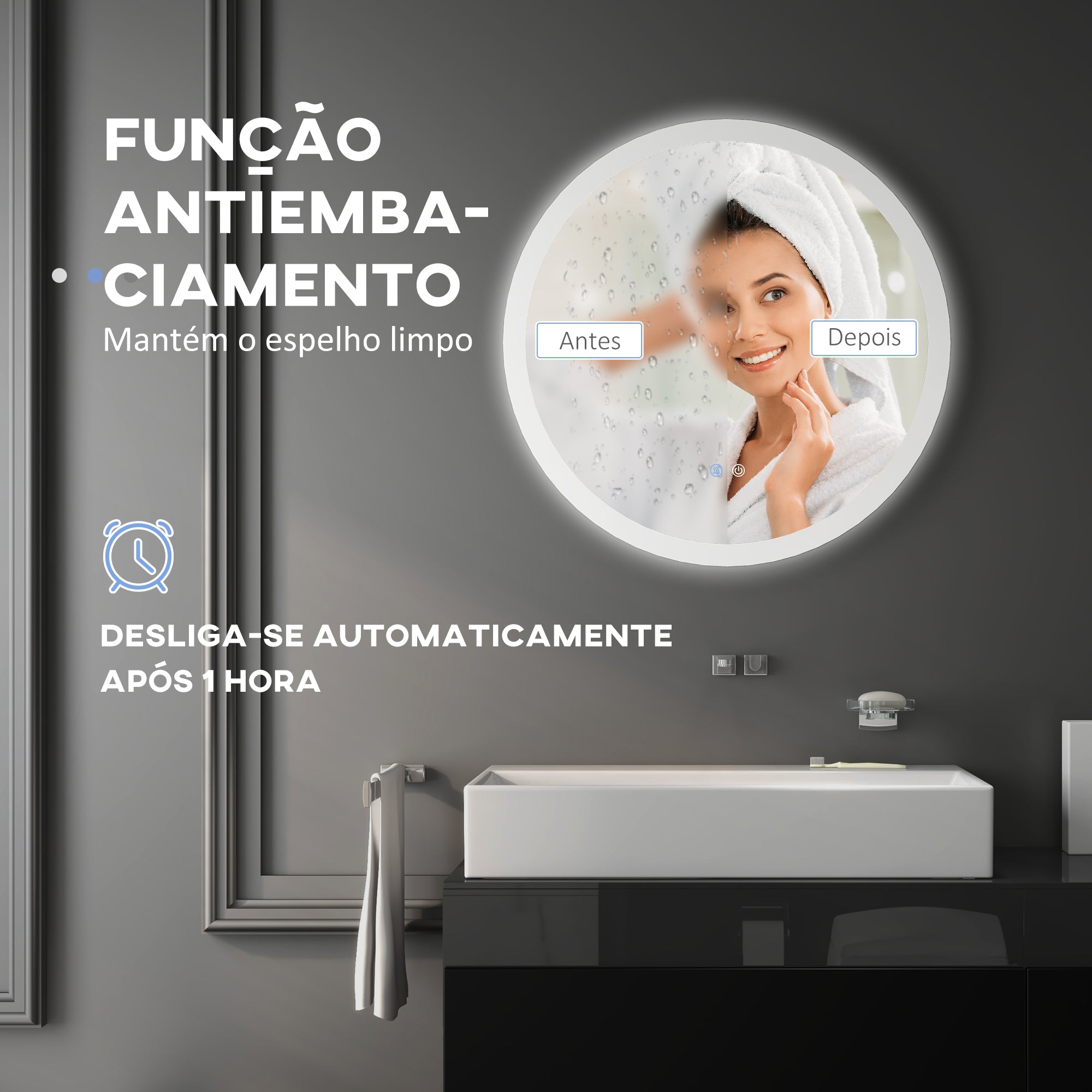 Espelho Casa de Banho Redondo LED 70x70 cm Prata