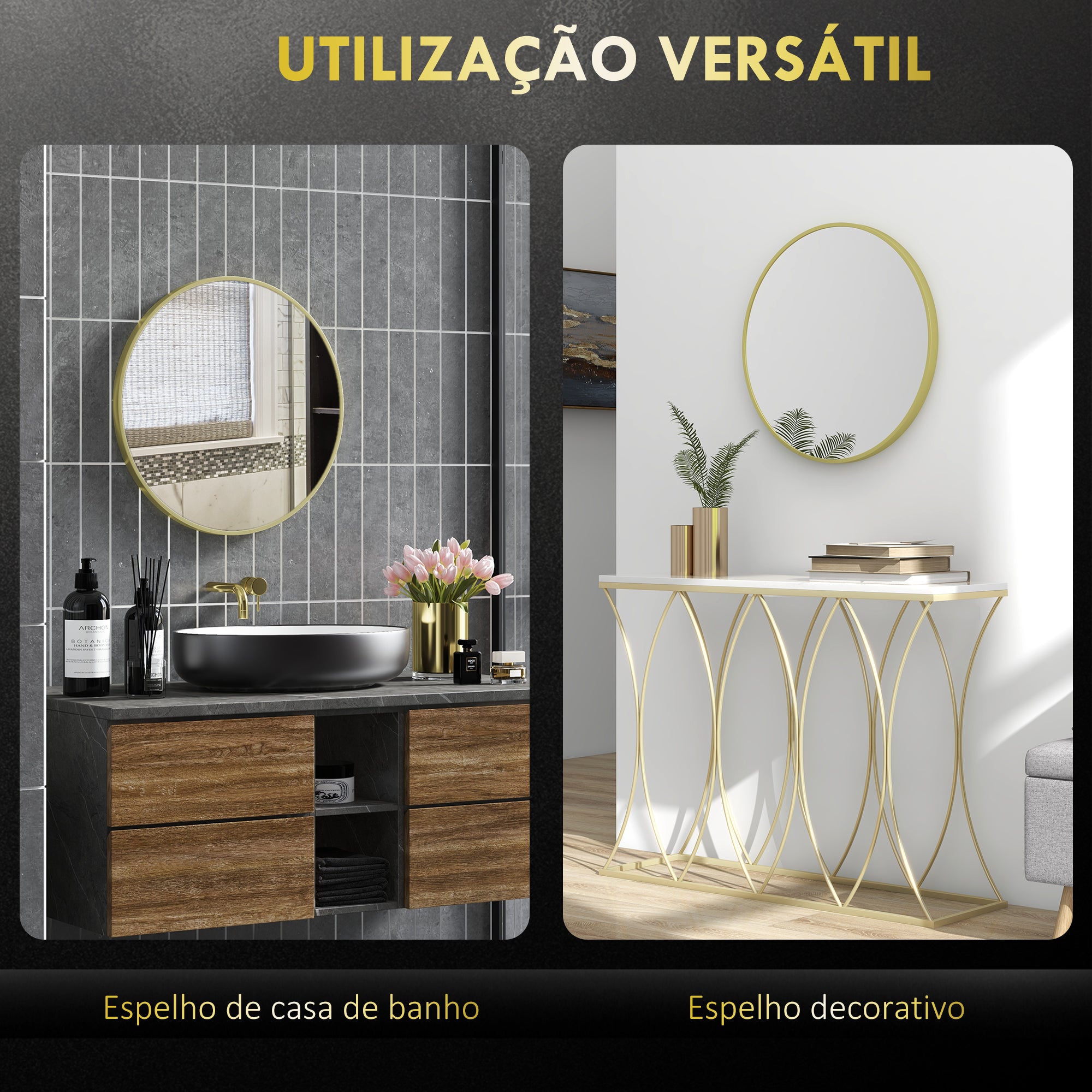 Espelho Redondo Ouro Ø70 cm para Casa de Banho e Ambientes Decorativos