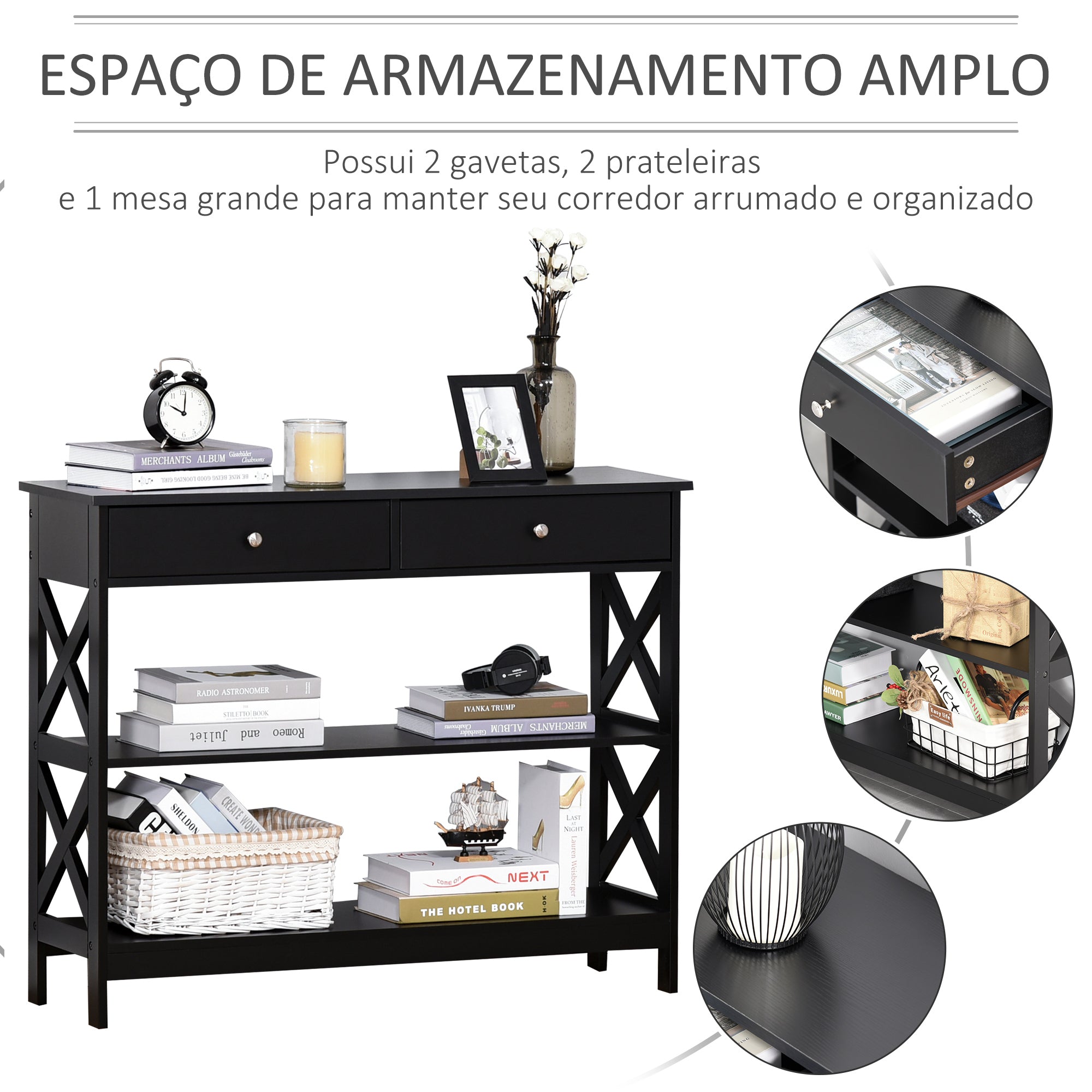 Consola de Entrada com 2 Gavetas e 2 Prateleiras - 100x30.5x80 cm - Black