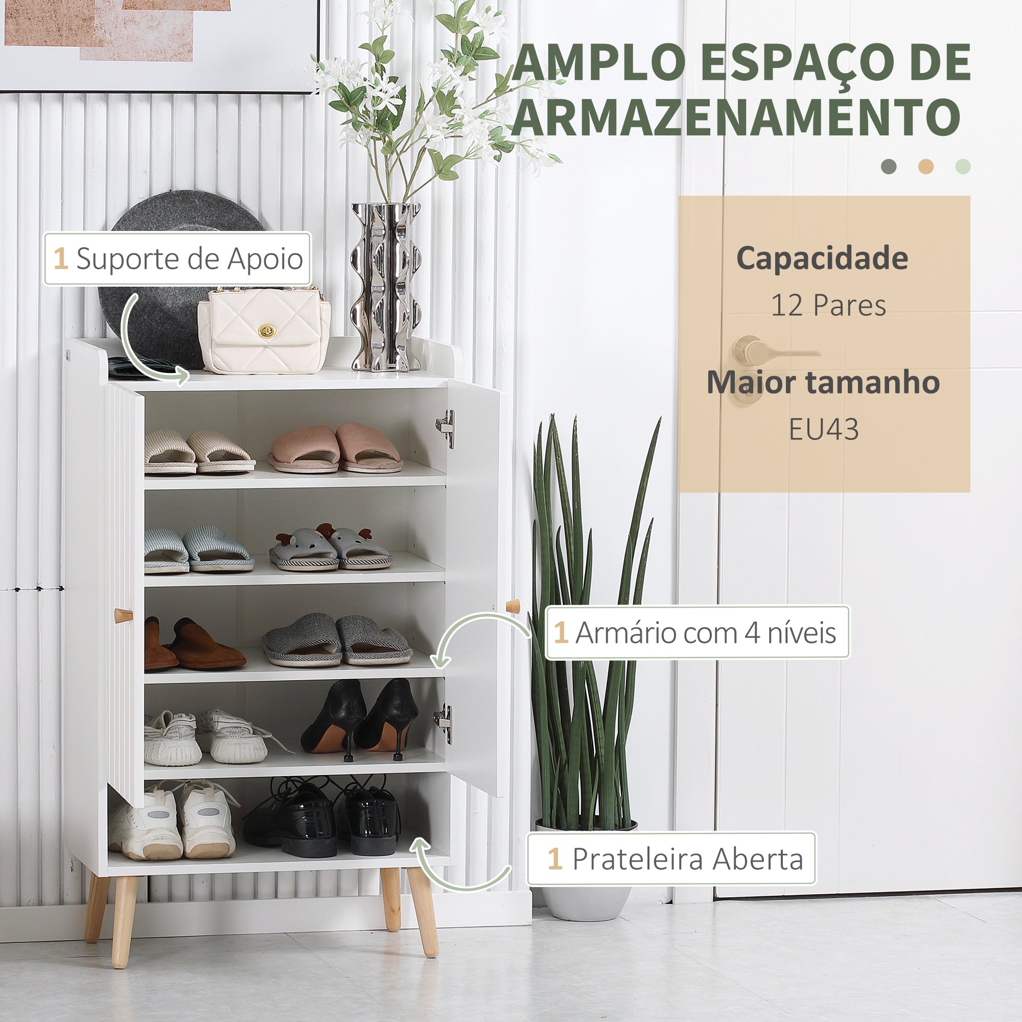 Sapateira com Prateleira Aberta e Prateleiras Ajustáveis 60x33x100cm Branco e Madeira