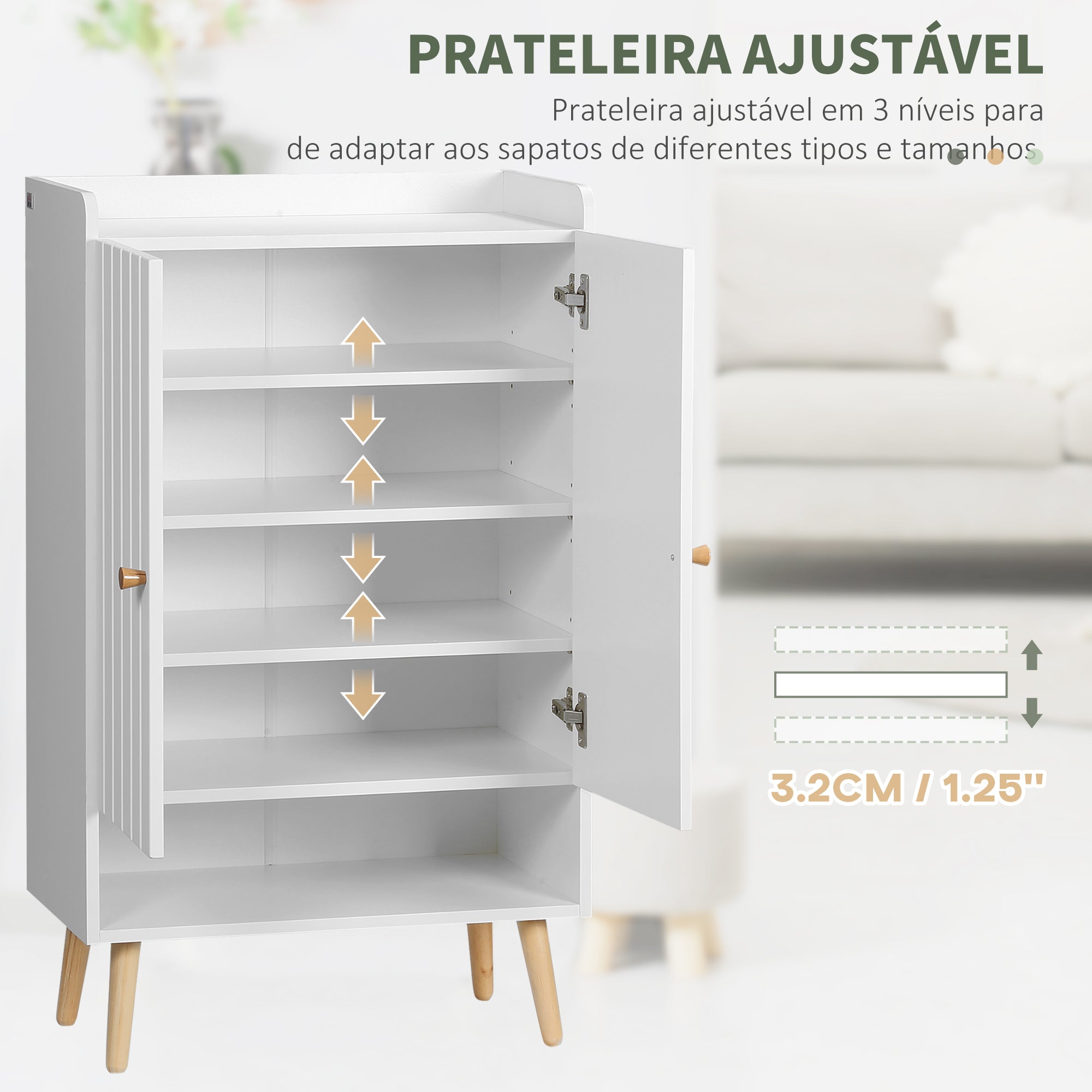 Sapateira com Prateleira Aberta e Prateleiras Ajustáveis 60x33x100cm Branco e Madeira