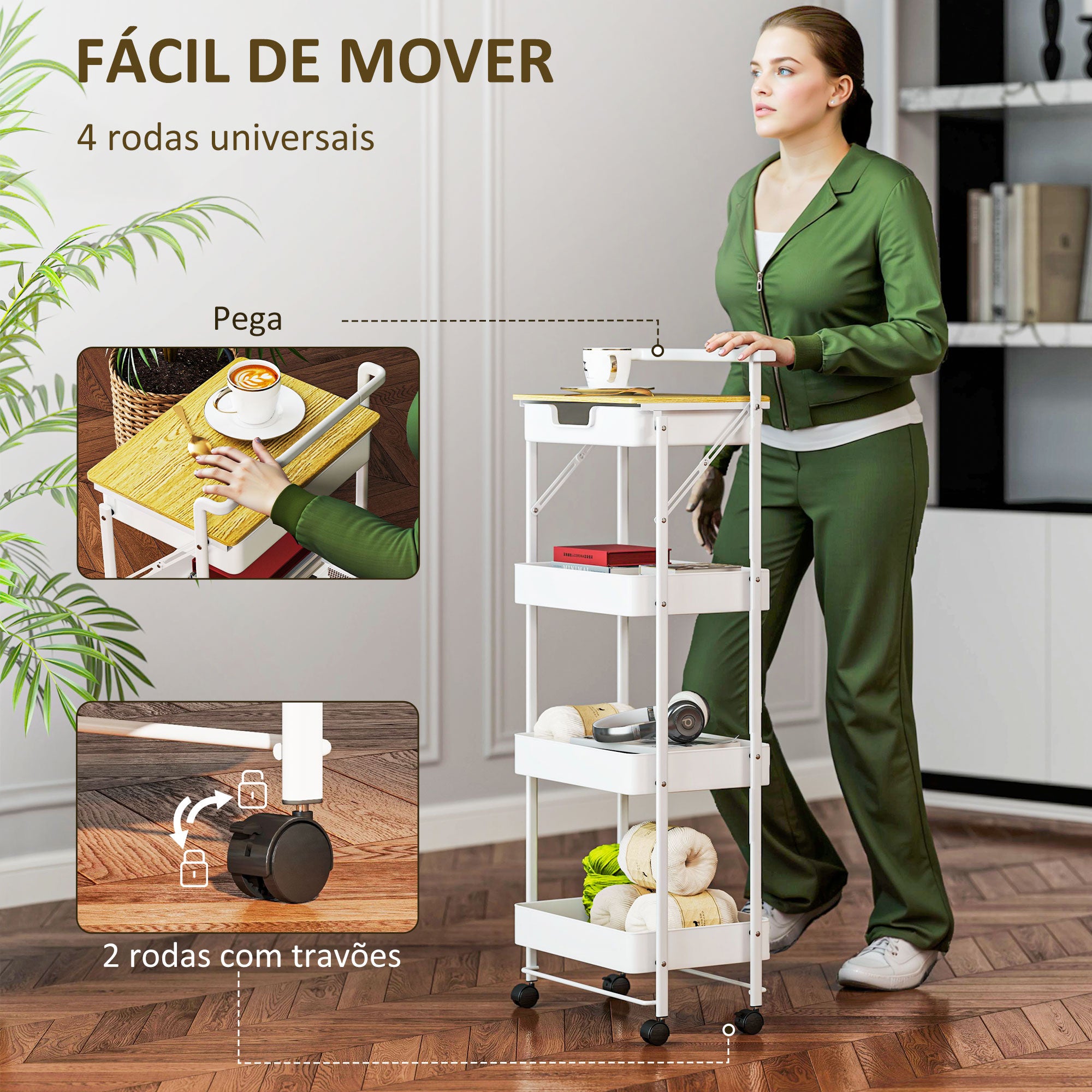 Carrinho Auxiliar Organizador 4 Níveis 45x29,5x117,5 cm Branco