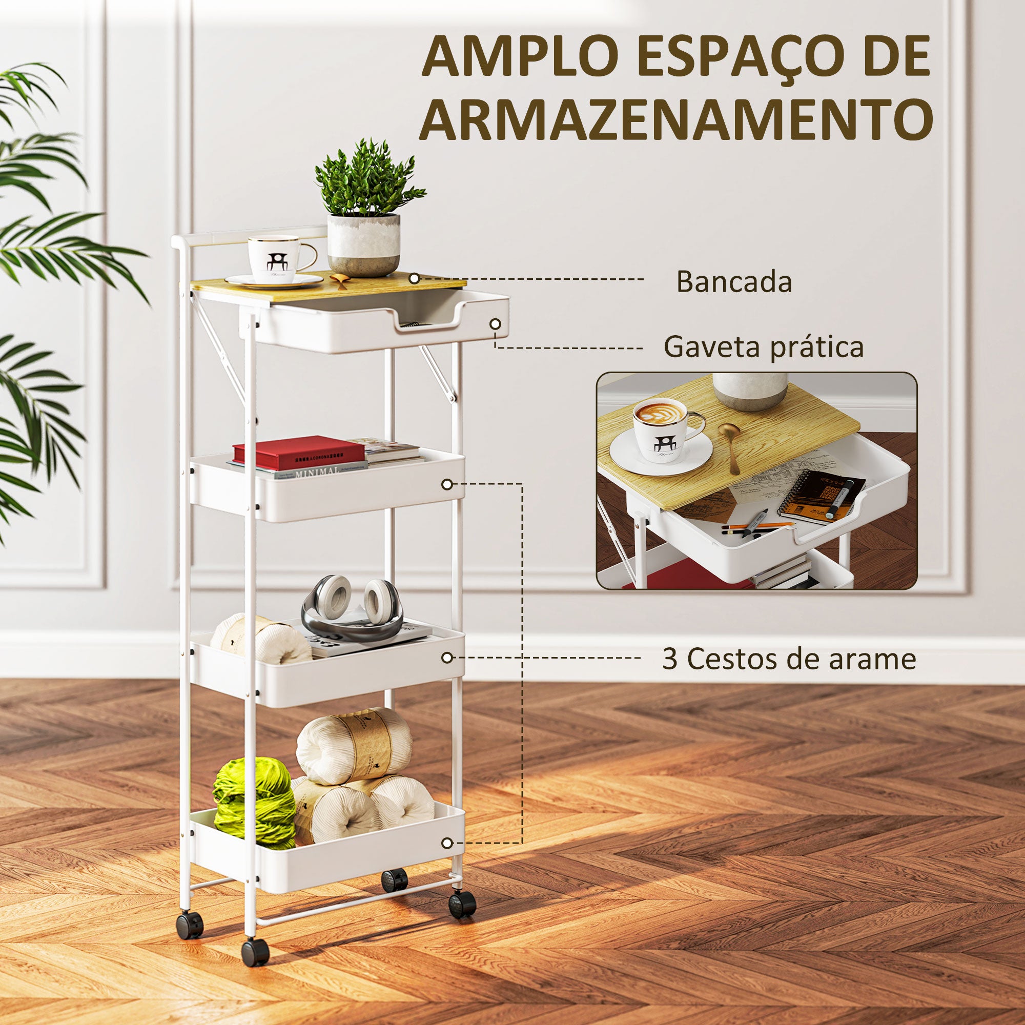 Carrinho Auxiliar Organizador 4 Níveis 45x29,5x117,5 cm Branco