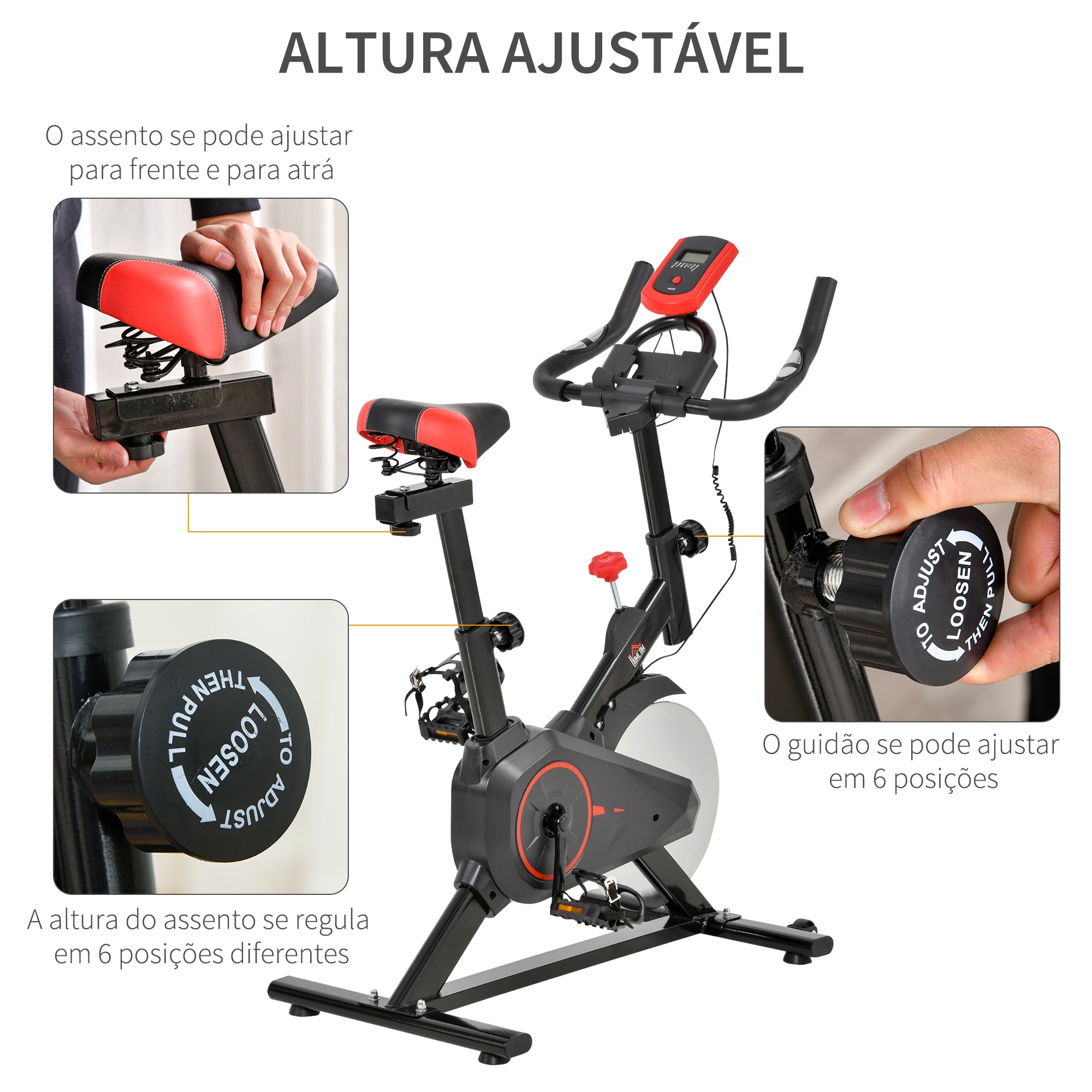 Bicicleta Estática Spinning com Monitor LCD 85x46x114cm Preto e Vermelho