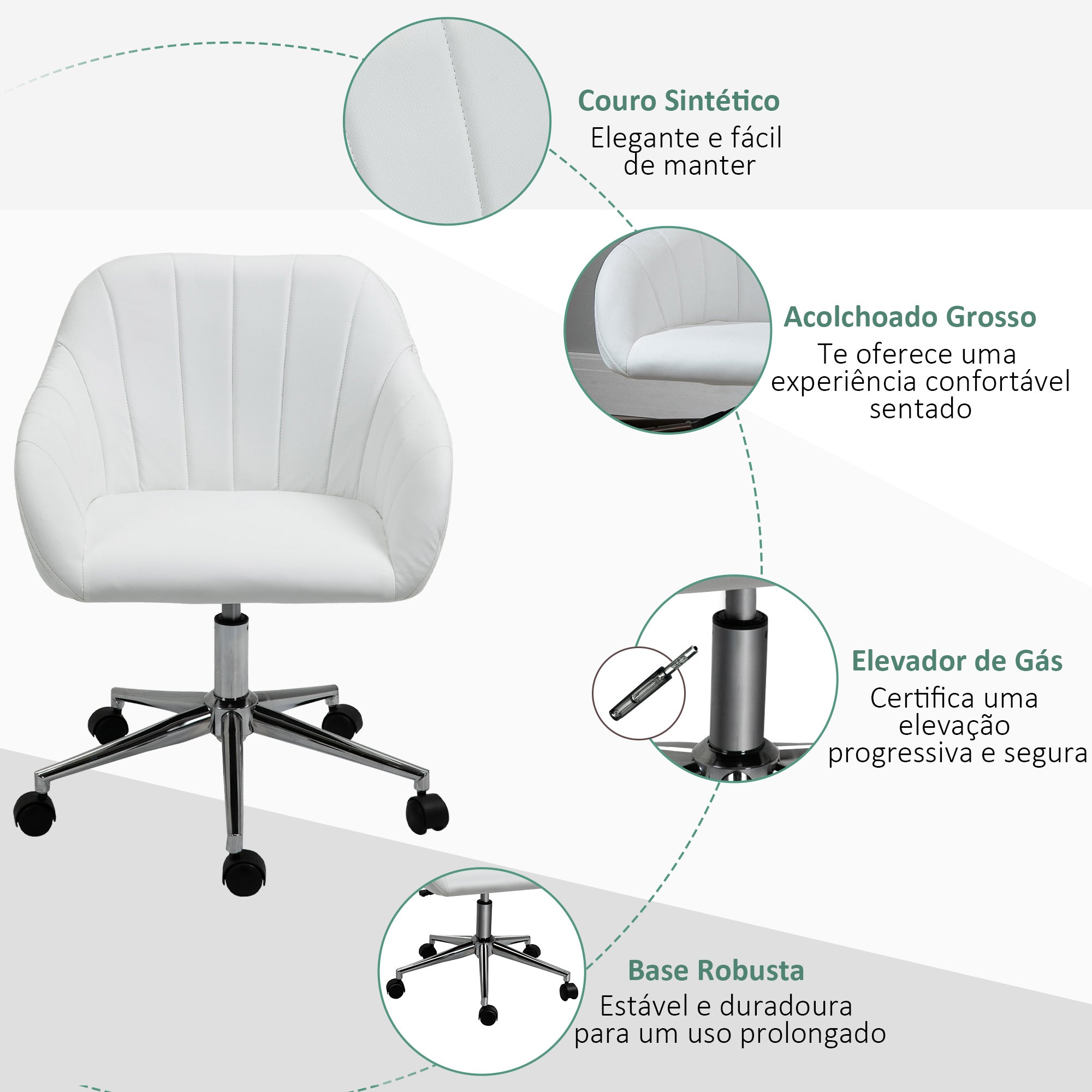 Cadeira de Escritório Branca Ergonômica Giratória com Altura Ajustável 60x59x89cm