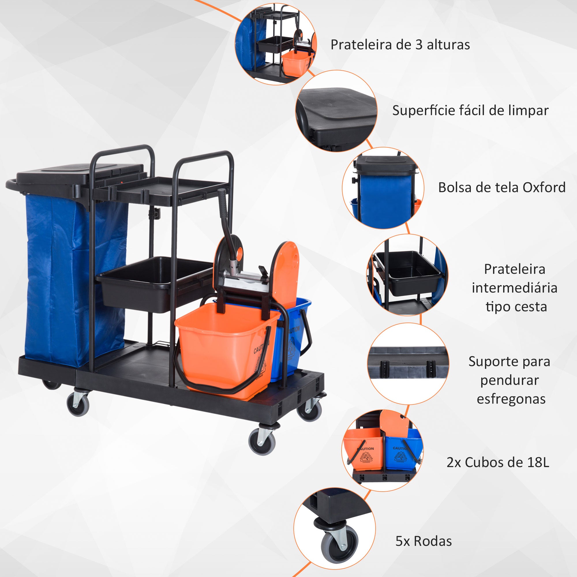 Carro de Limpeza Profissional com Escorredor de Alavanca 111x63,3x103cm Preto Azul Laranja