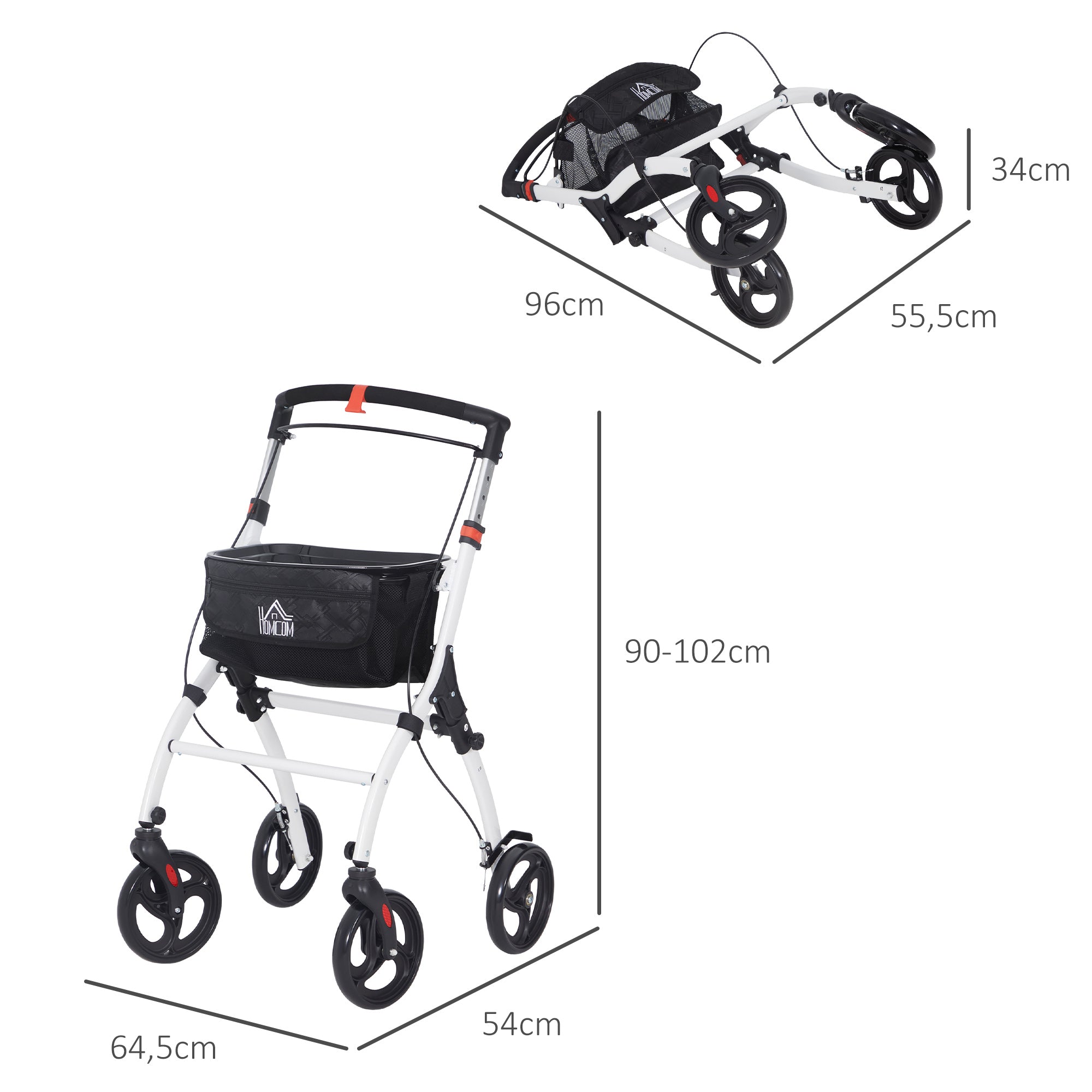Andarilho Dobrável para Idosos com 4 Rodas e Bandeja - 64,5x54x90-102 cm - Branco e Preto