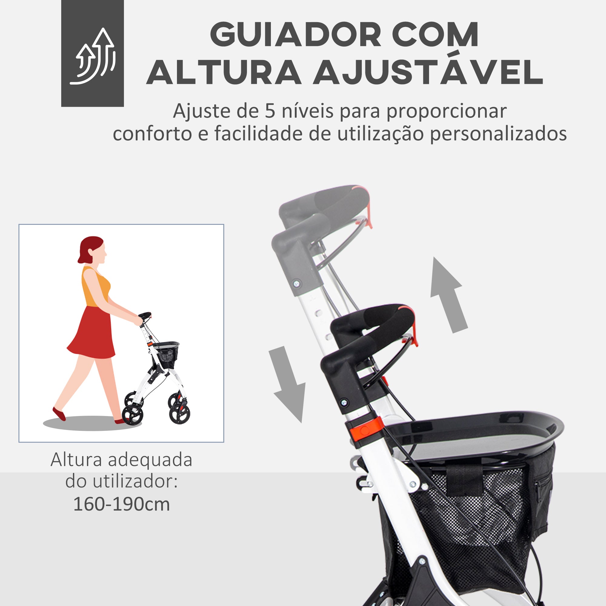 Andarilho Dobrável para Idosos com 4 Rodas e Bandeja - 64,5x54x90-102 cm - Branco e Preto