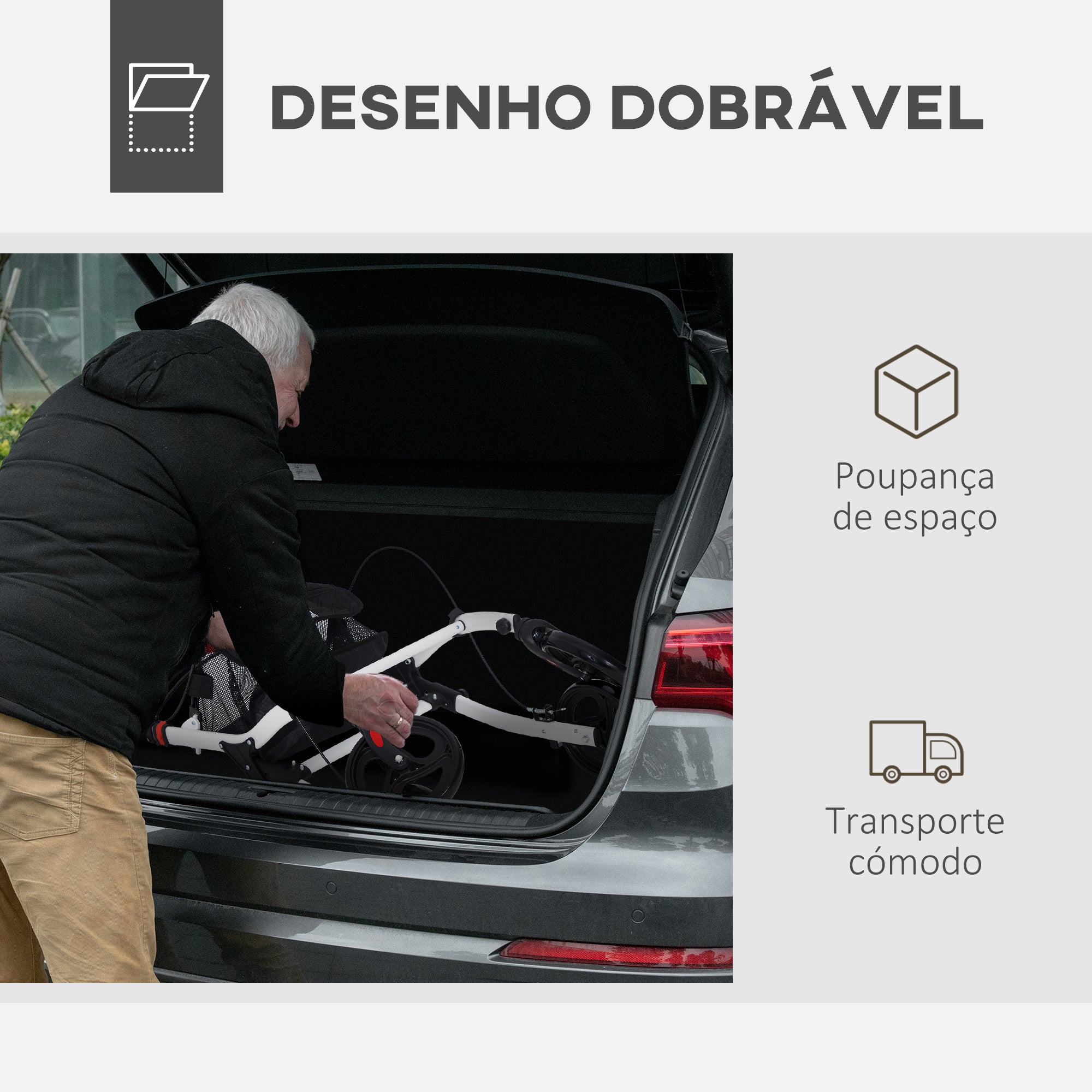 Andarilho Dobrável para Idosos com 4 Rodas e Bandeja - 64,5x54x90-102 cm - Branco e Preto