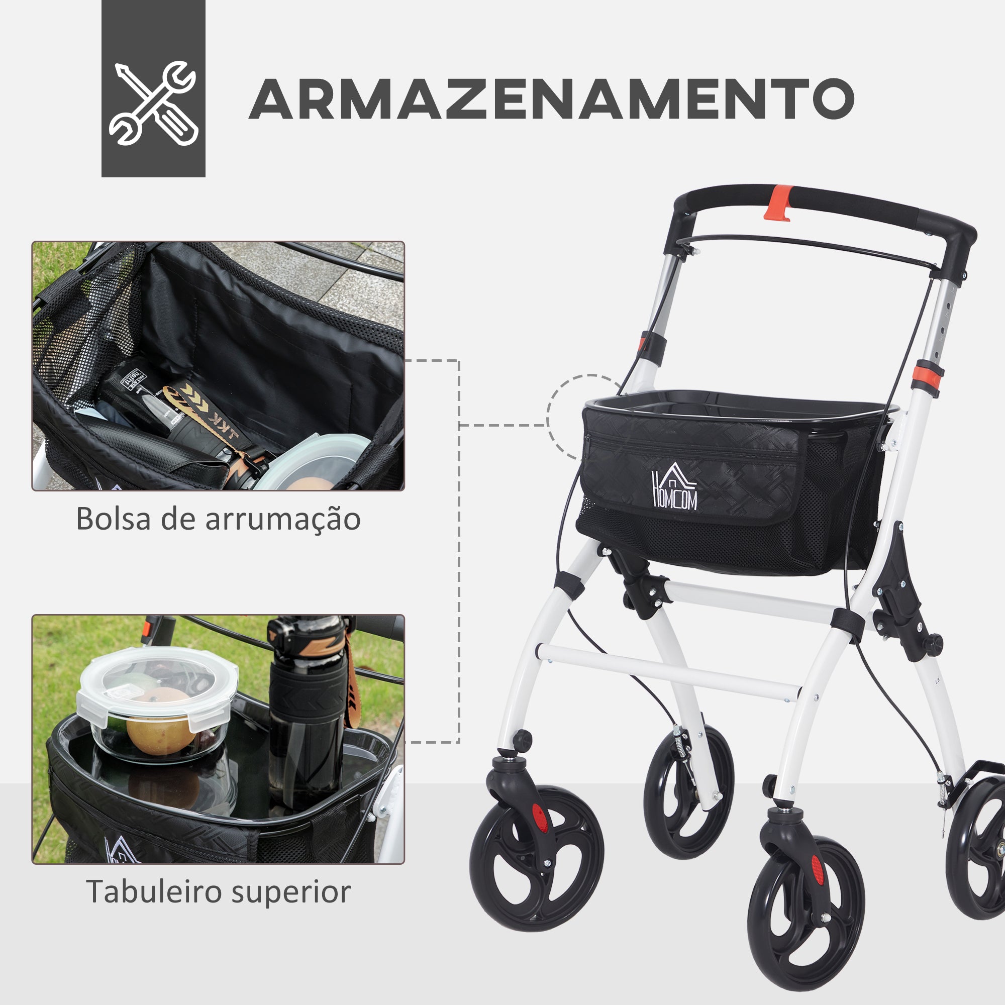 Andarilho Dobrável para Idosos com 4 Rodas e Bandeja - 64,5x54x90-102 cm - Branco e Preto