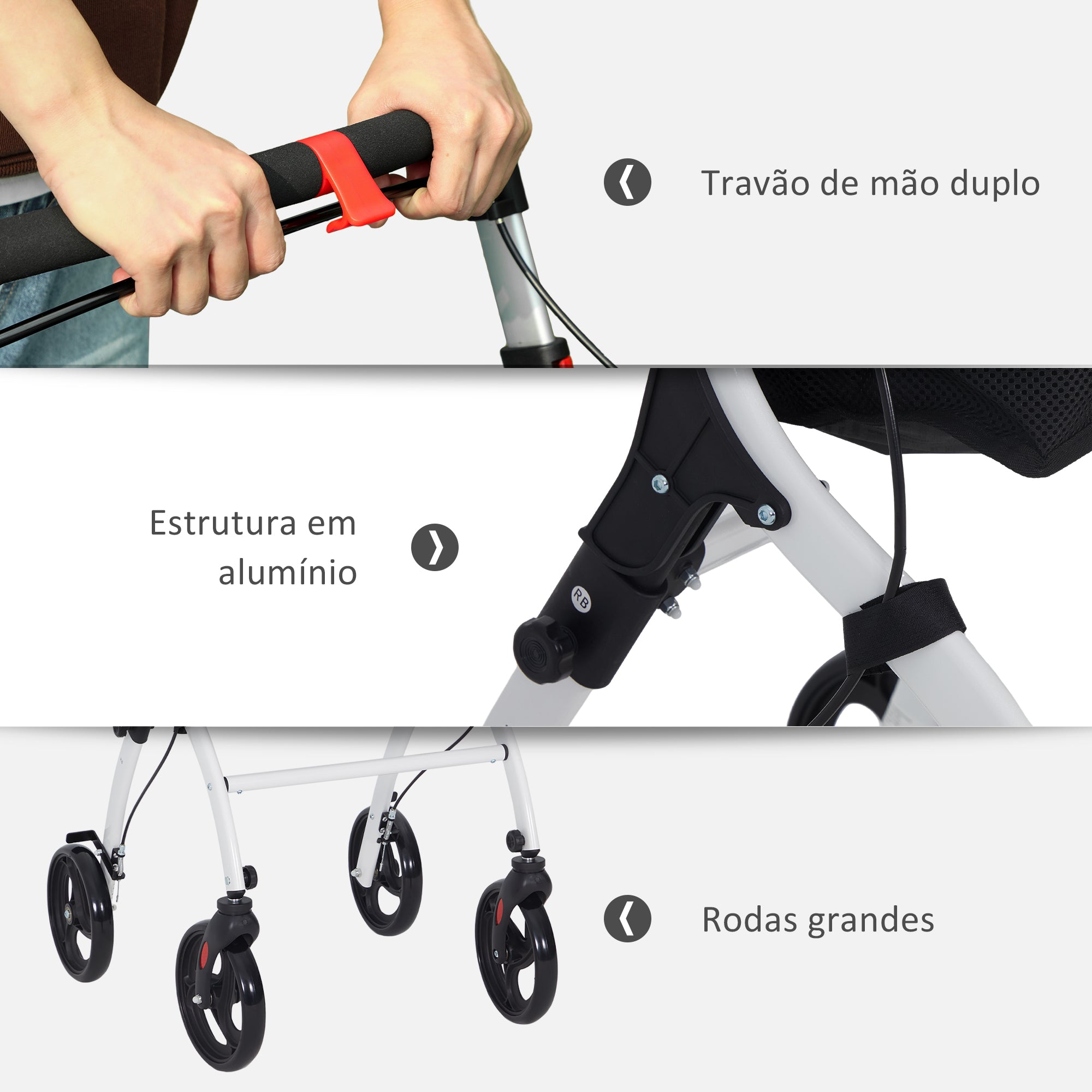 Andarilho Dobrável para Idosos com 4 Rodas e Bandeja - 64,5x54x90-102 cm - Branco e Preto
