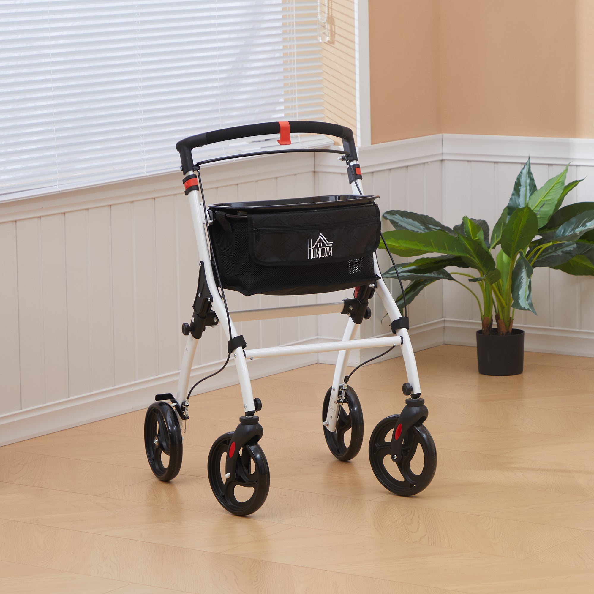 Andarilho Dobrável para Idosos com 4 Rodas e Bandeja - 64,5x54x90-102 cm - Branco e Preto