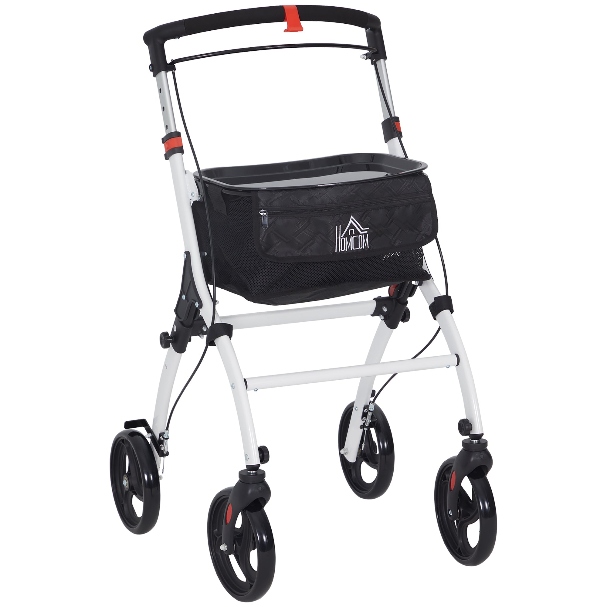 Andarilho Dobrável para Idosos com 4 Rodas e Bandeja - 64,5x54x90-102 cm - Branco e Preto