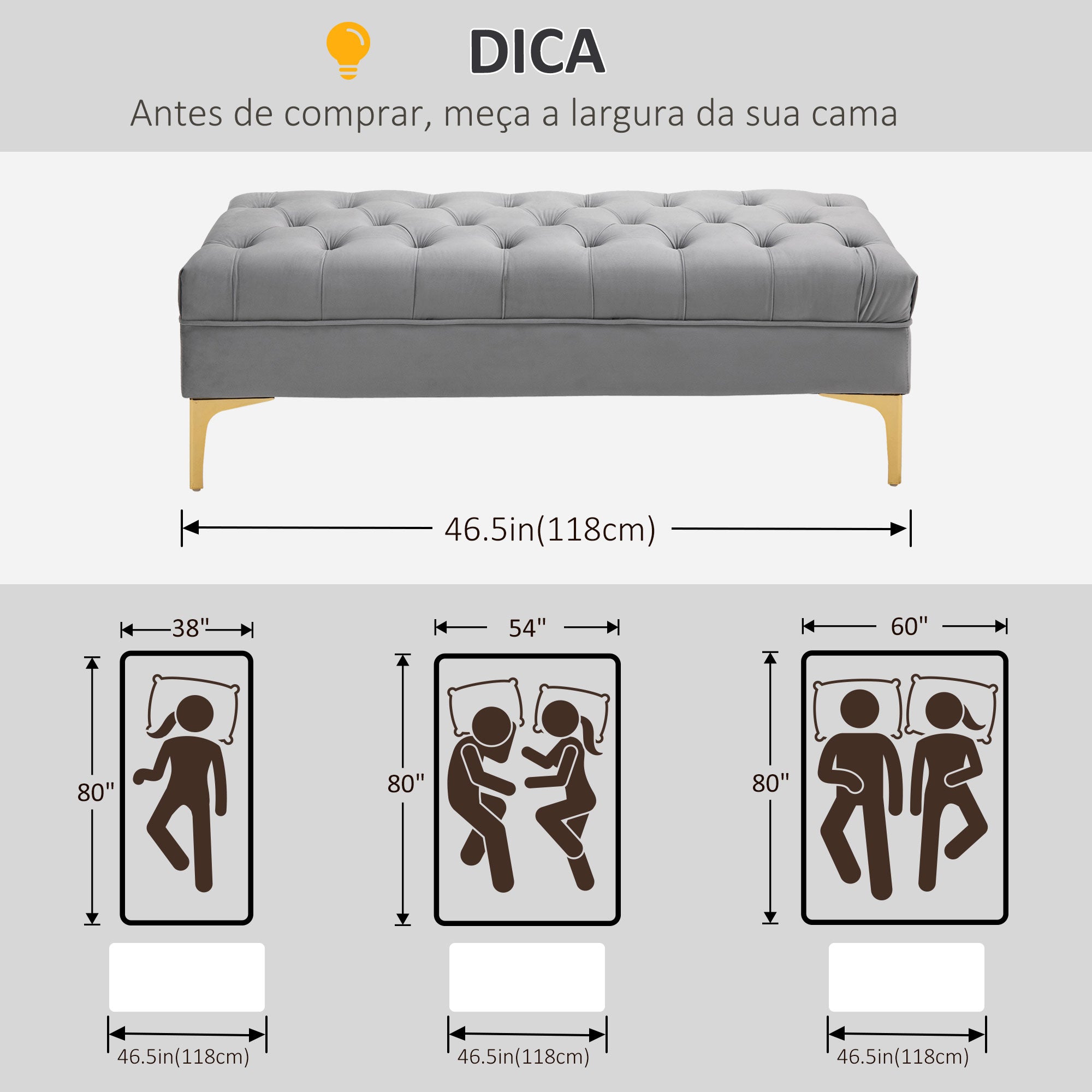 Banco Acolchoado Cinza 118x45x42 cm