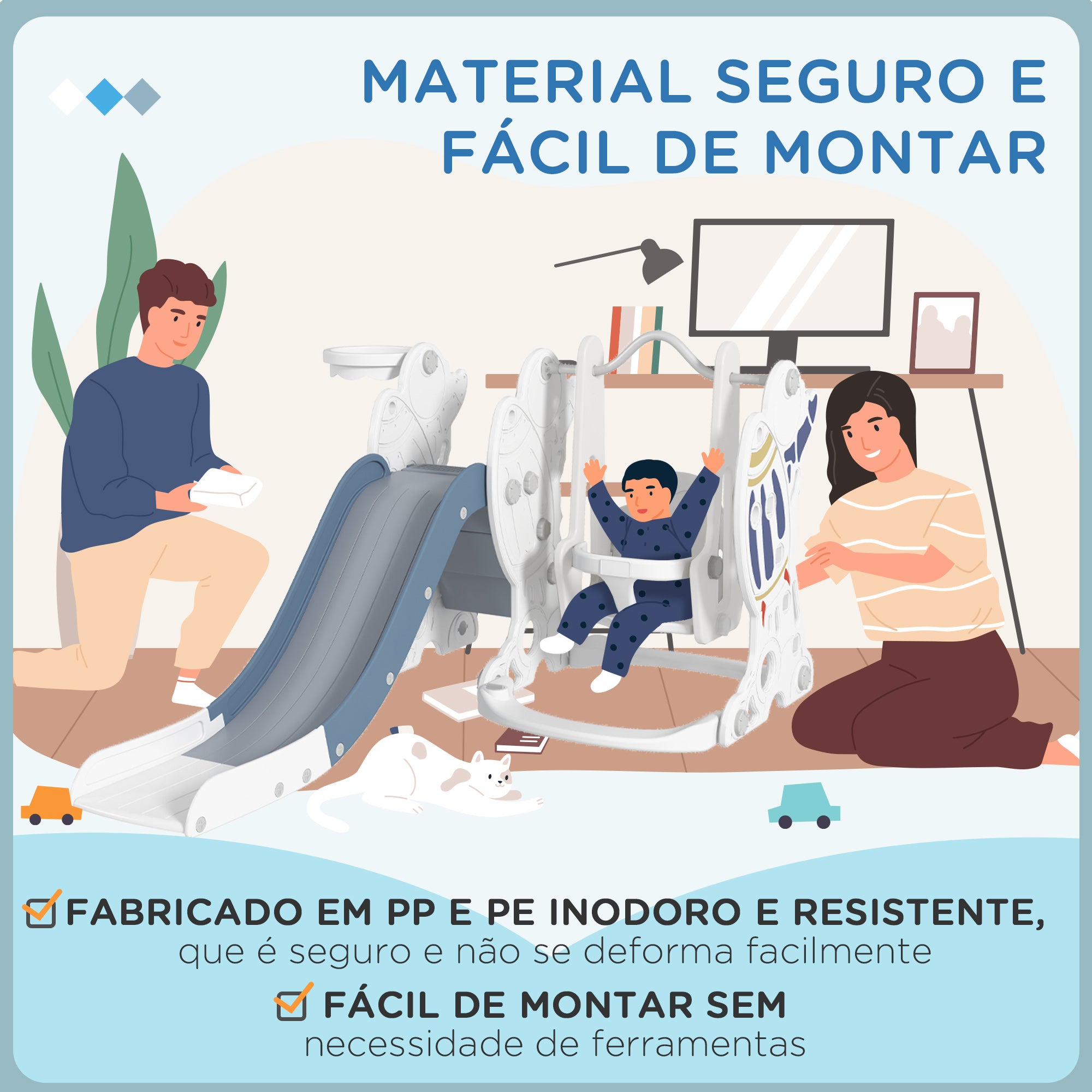 Conjunto de Escorregador e Baloiço 3 em 1 para Crianças - 150x185x92 cm - Multicor