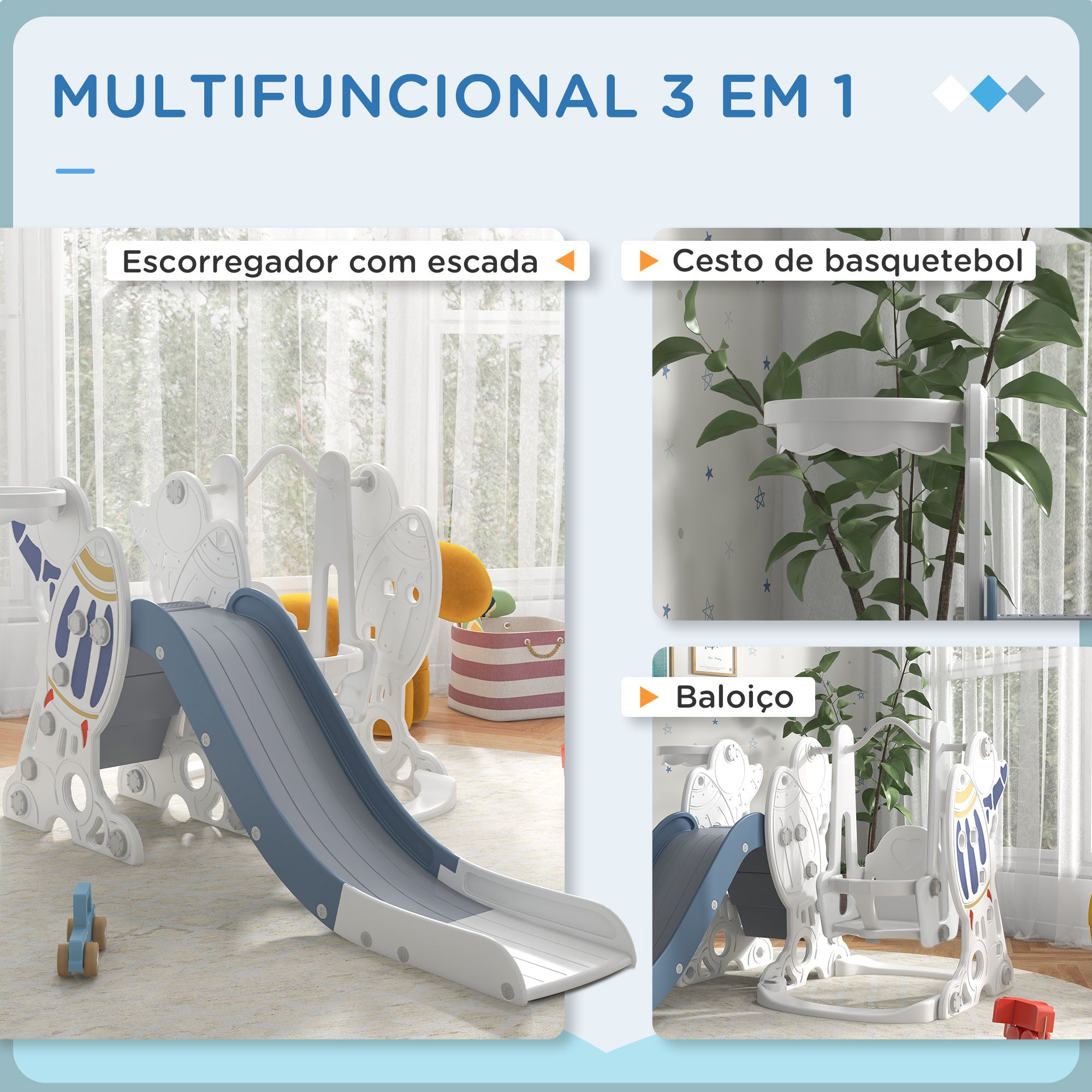 Conjunto de Escorregador e Baloiço 3 em 1 para Crianças - 150x185x92 cm - Multicor