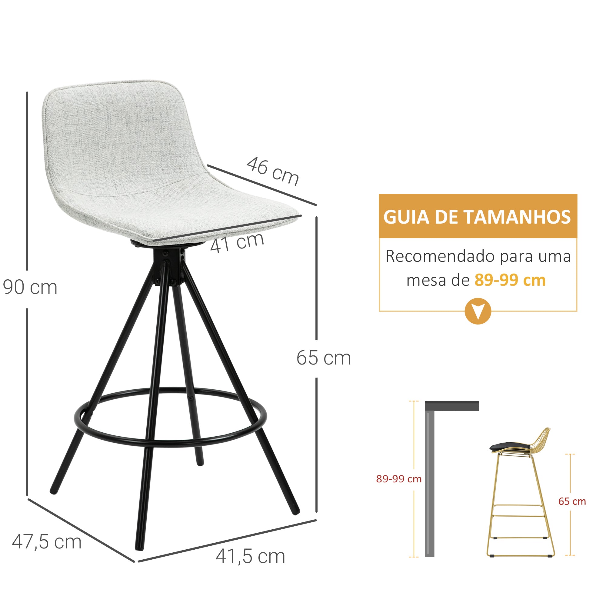 Bancos Altos de Cozinha – 41,5x47,5x90 cm – Cinza Claro – Poliéster e Aço