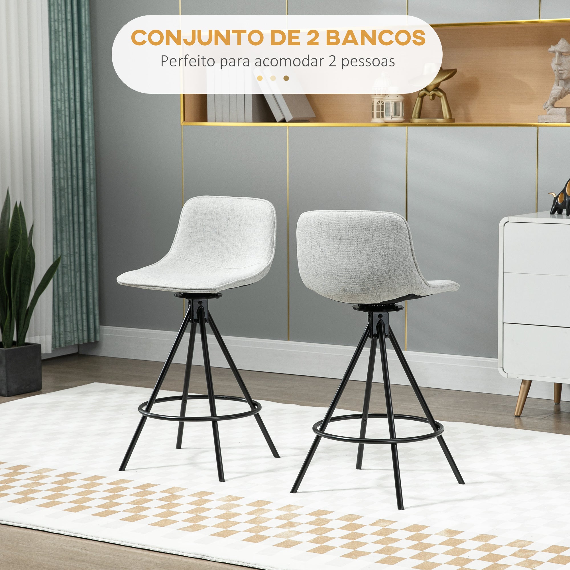 Bancos Altos de Cozinha – 41,5x47,5x90 cm – Cinza Claro – Poliéster e Aço