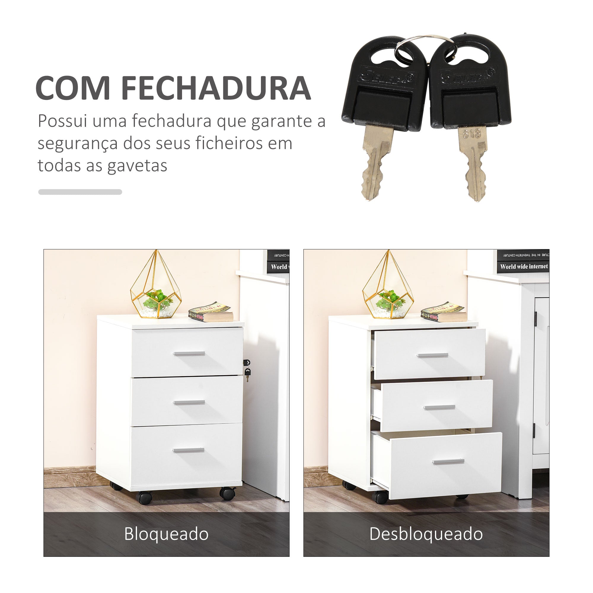 Bloco de Gavetas para Escritório 3 Gavetas 40x40x61,5 cm Branco