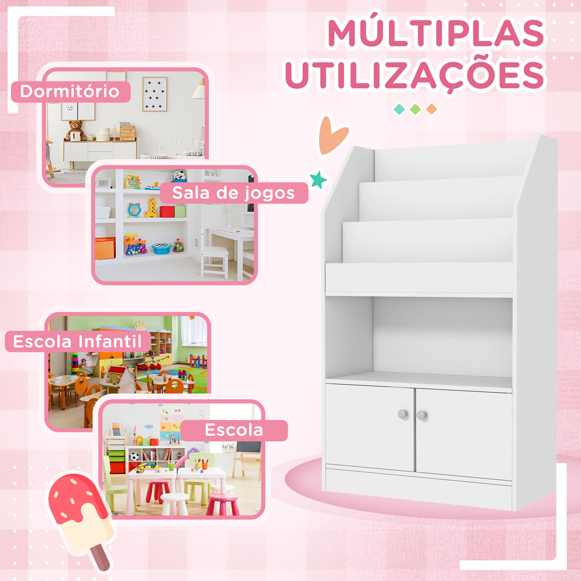 Estante Infantil com 3 Compartimentos e 2 Armários 60x29,5x100 cm - Branco