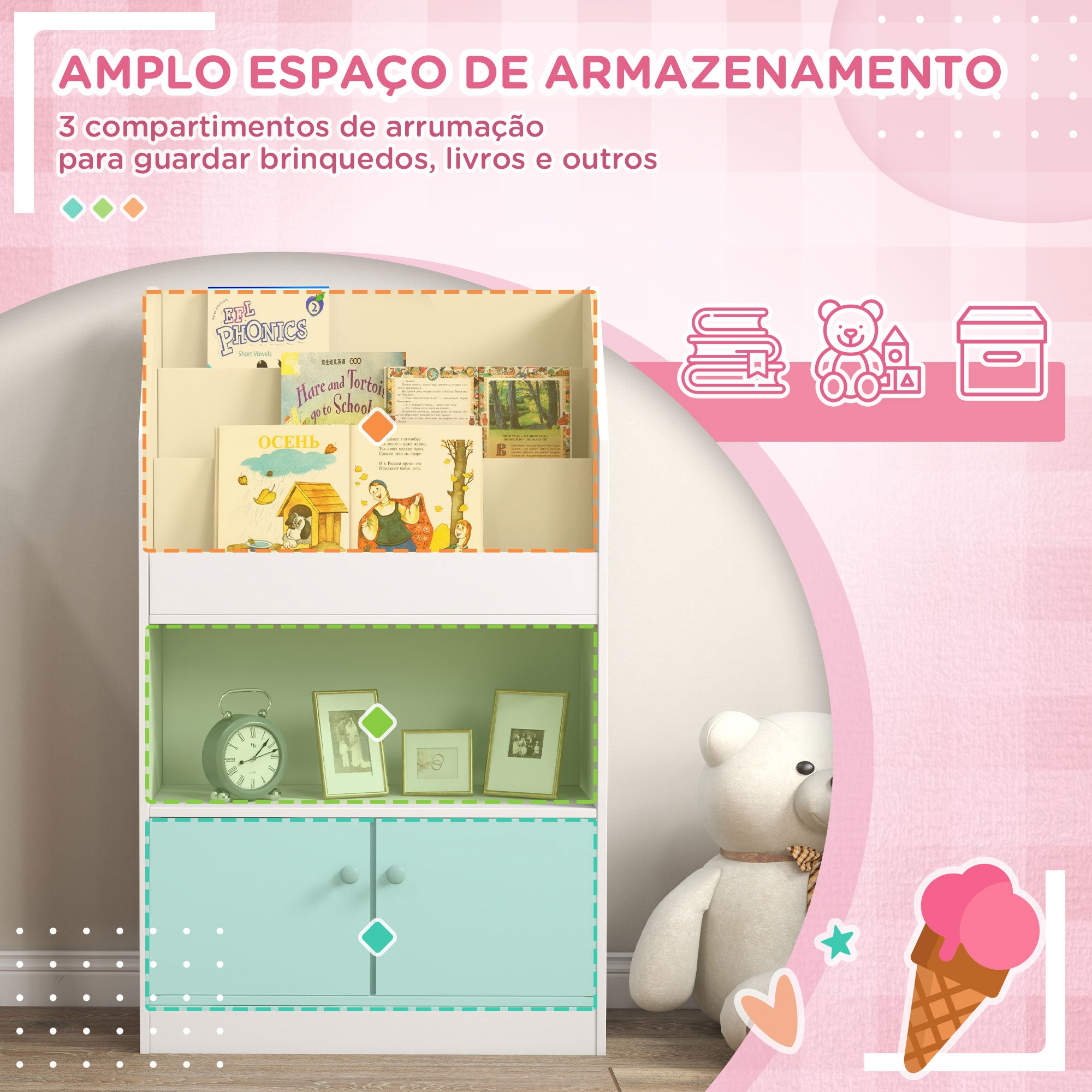 Estante Infantil com 3 Compartimentos e 2 Armários 60x29,5x100 cm - Branco
