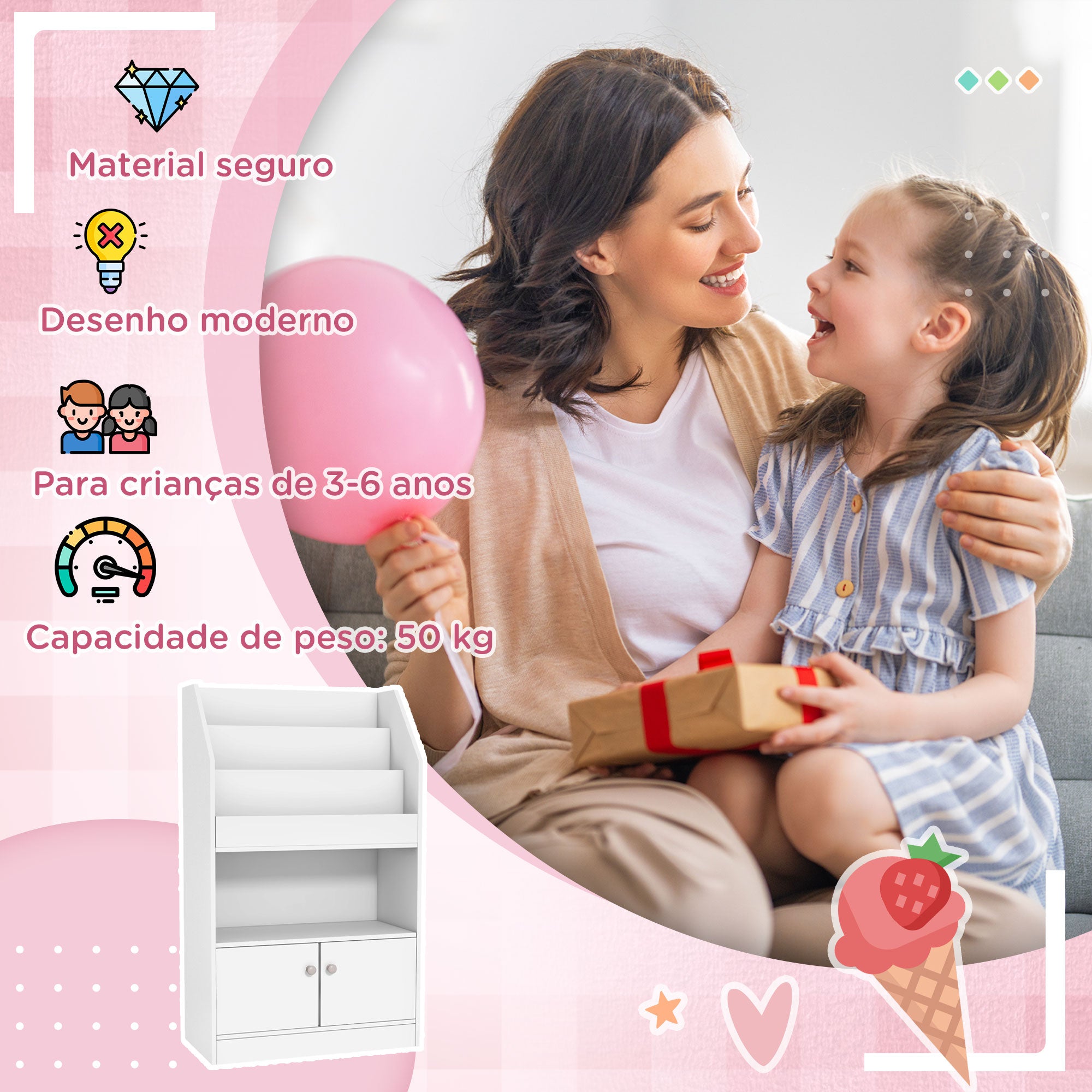 Estante Infantil com 3 Compartimentos e 2 Armários 60x29,5x100 cm - Branco