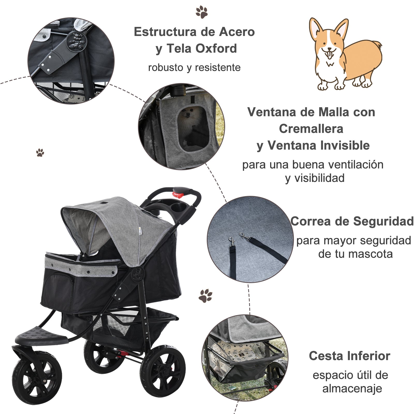 Carrinho de Animais de Estimação Dobrável com Rodas 109,5x54,5x106,5 cm - Cinzento